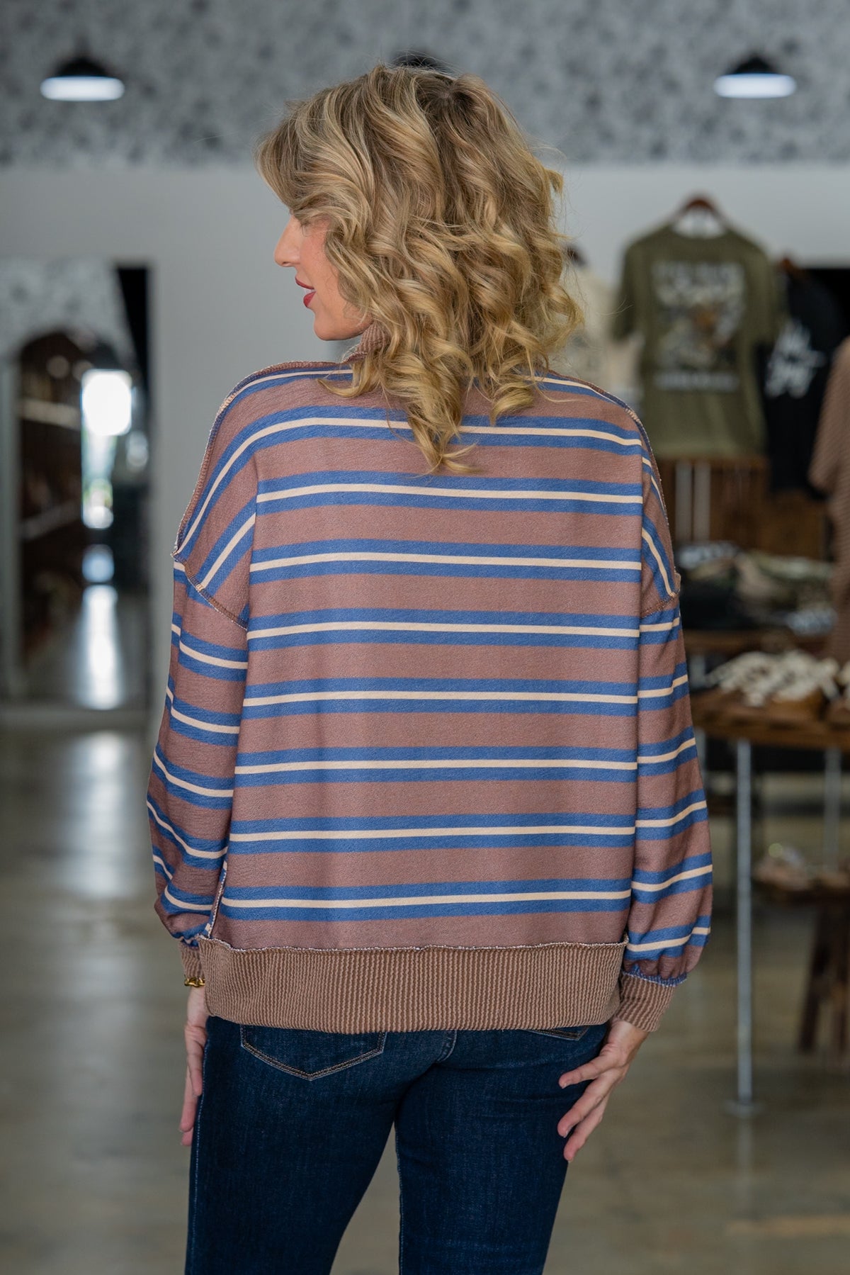 Joyce Mocha & Blue Striped Top