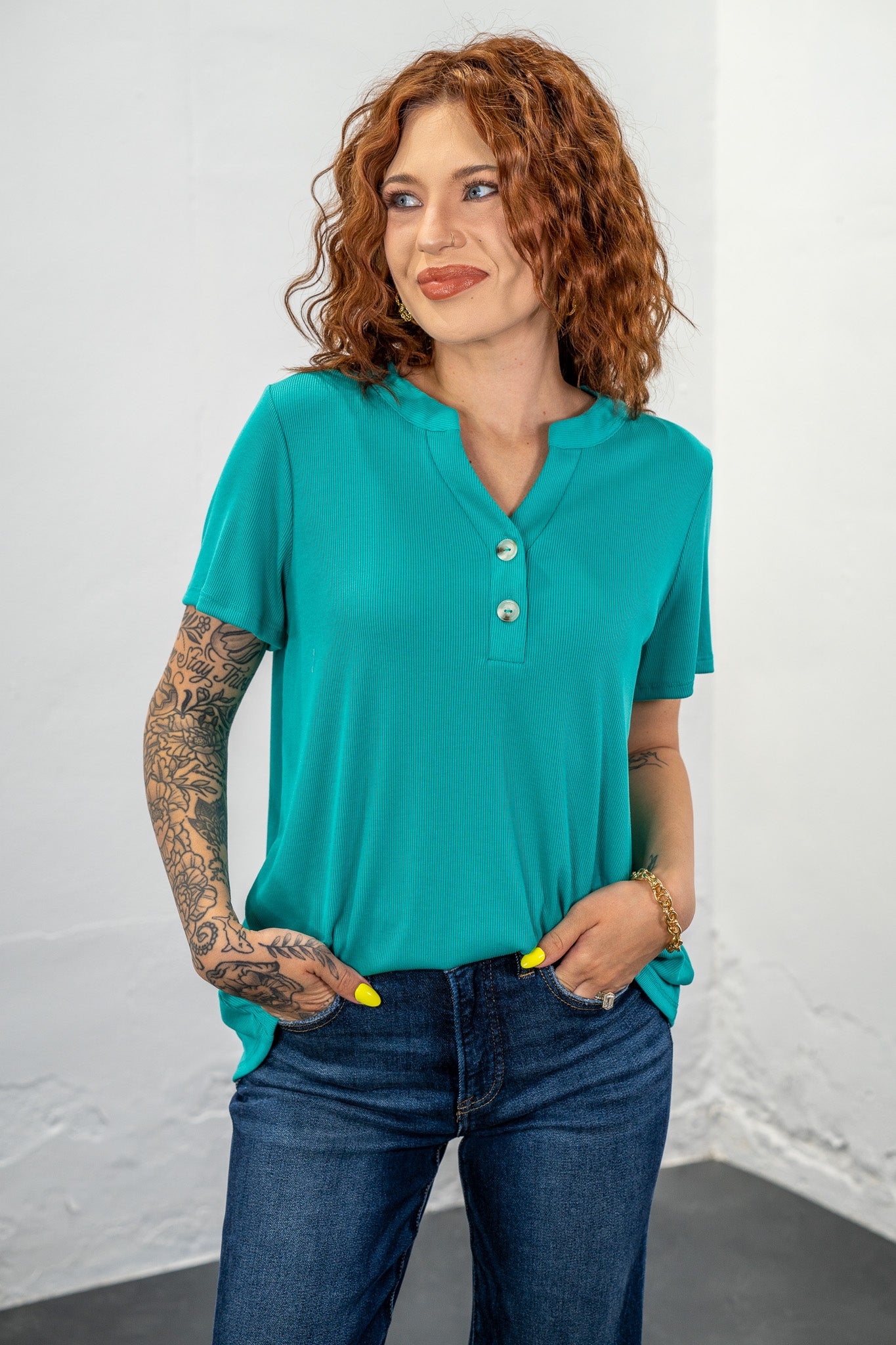 Melanie Turquoise Button Tee