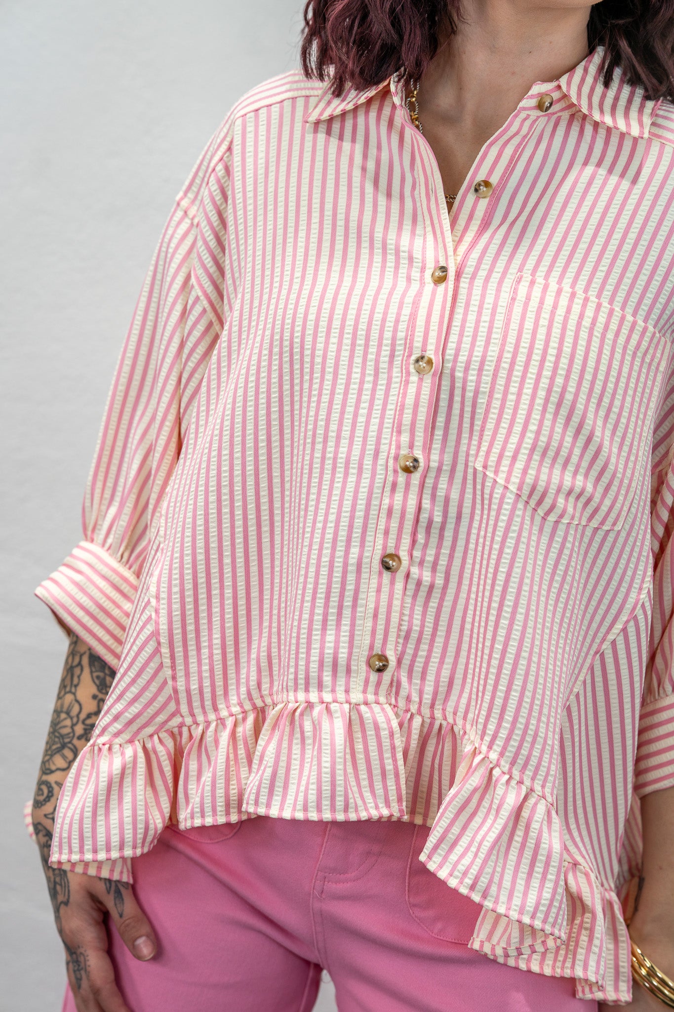 Sweet Stripes Pink Ruffle Blouse