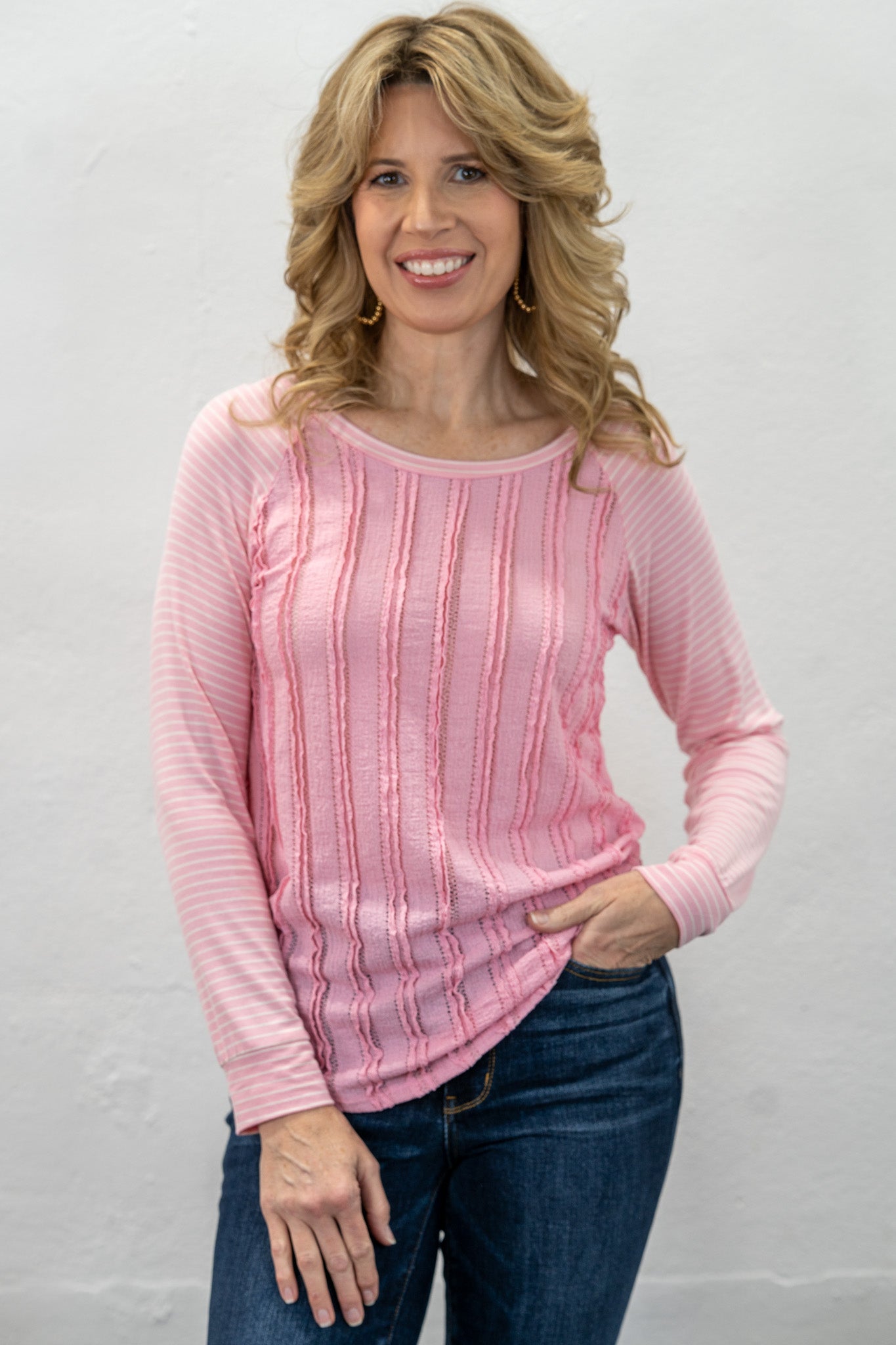Adalynn Pink Striped Sleeve Top