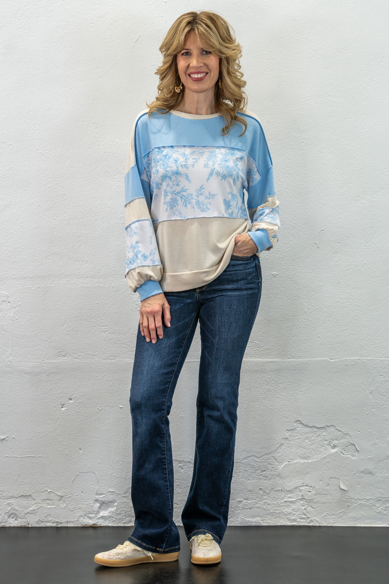 Elise Blue Floral Colorblock Top
