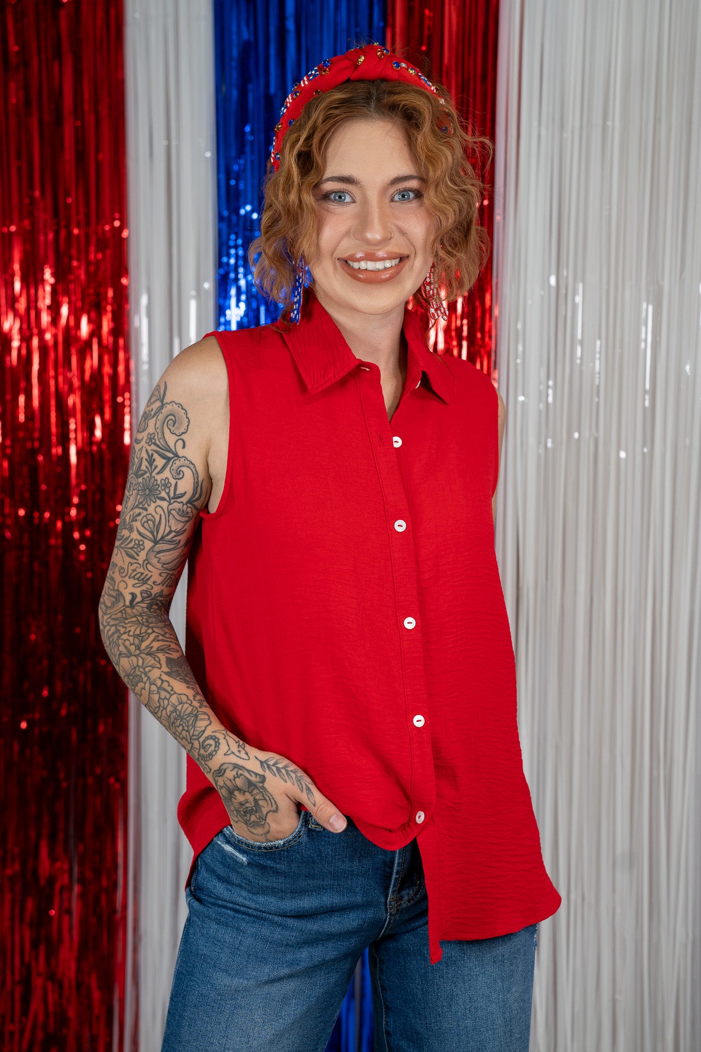 Dezi Red Button-Up Tank