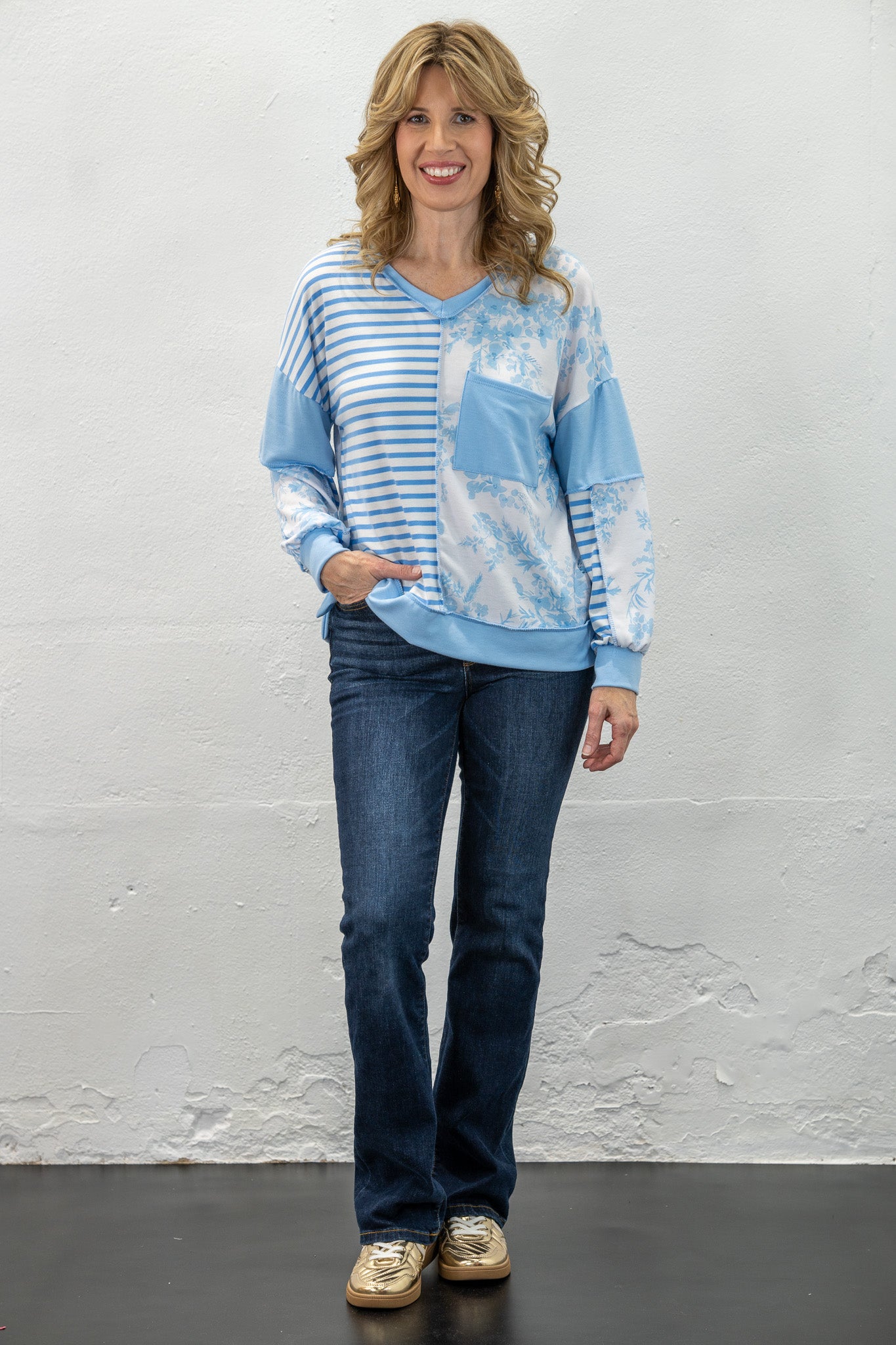 Mila Blue Floral & Stripes Top