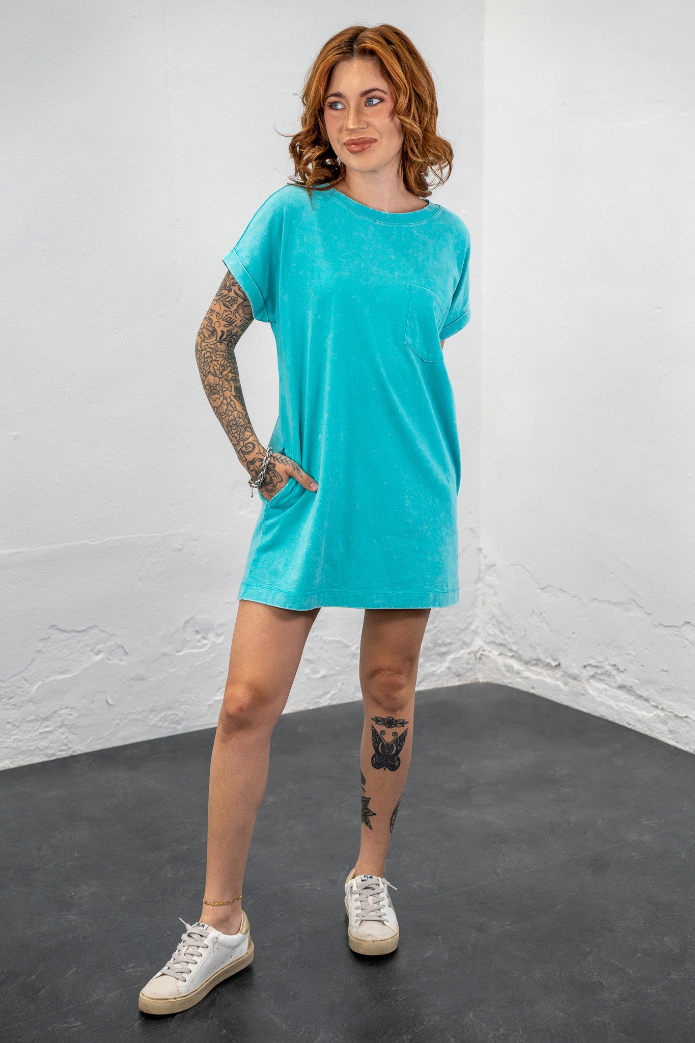 Rebel Turquoise Acid Washed Tee Dress