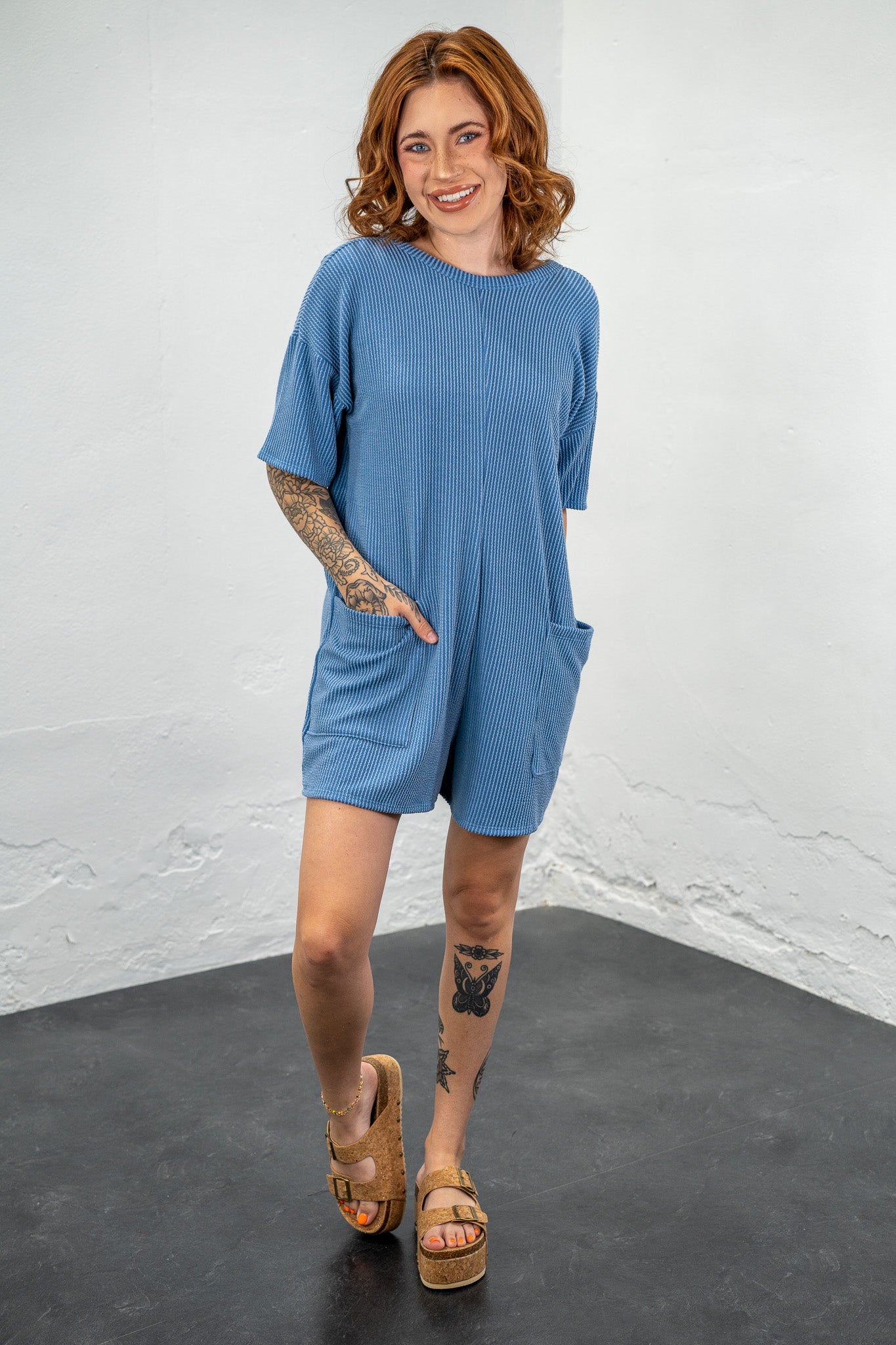 Jaelyn Dusty Blue Ribbed Romper