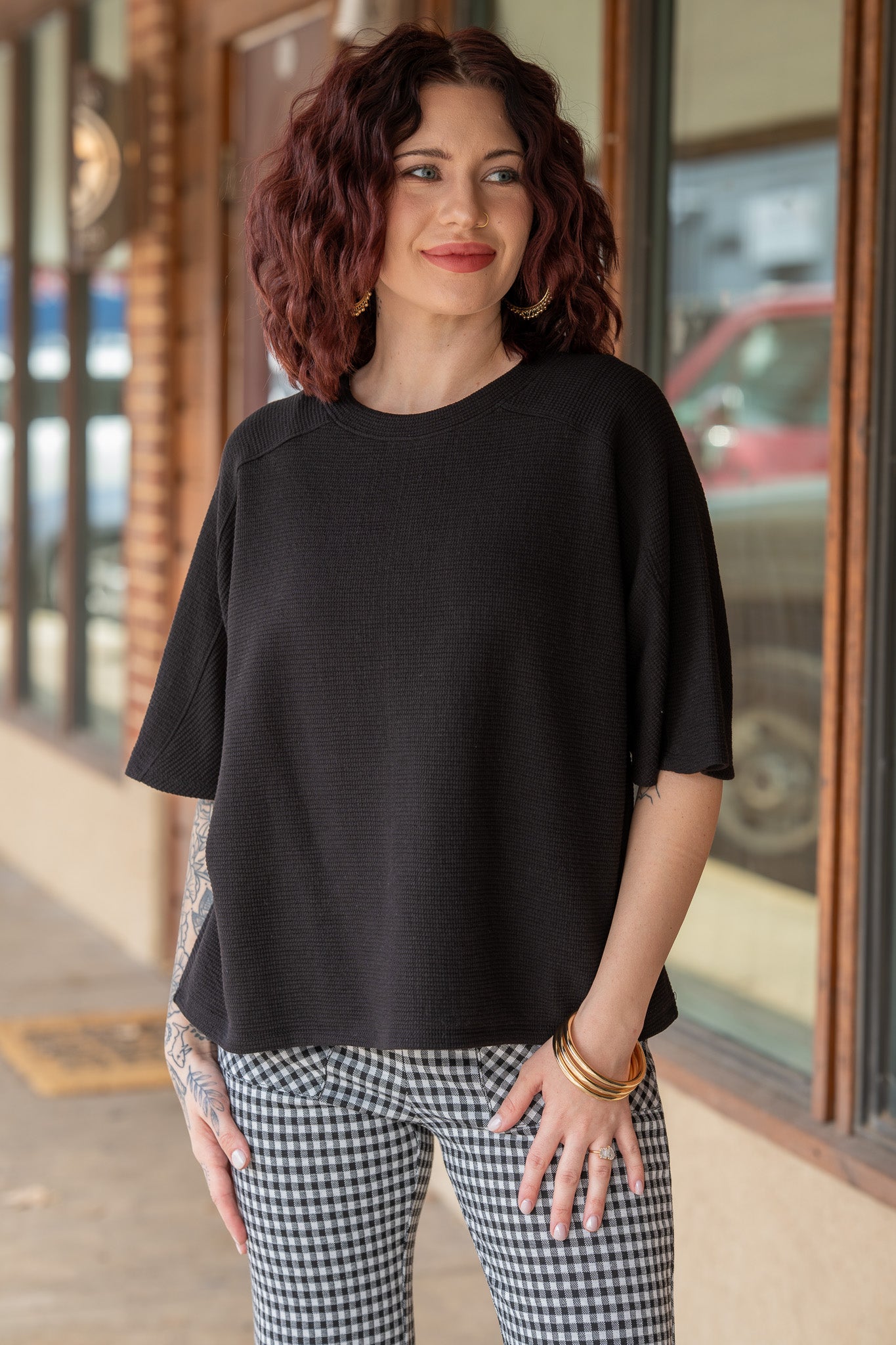 Madeline Black Waffle Knit Top