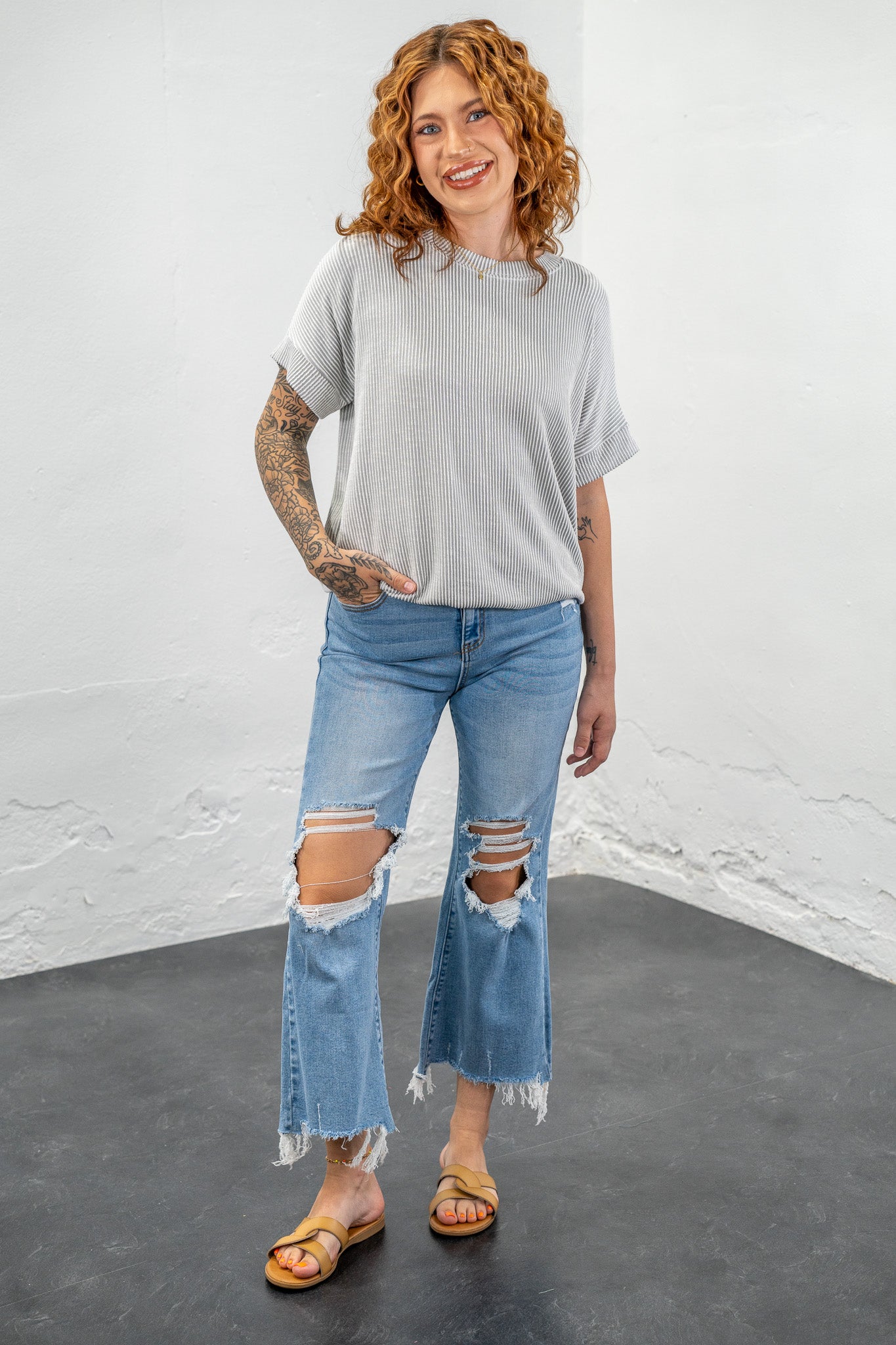 Lex Light Grey Corded Ribbed Top