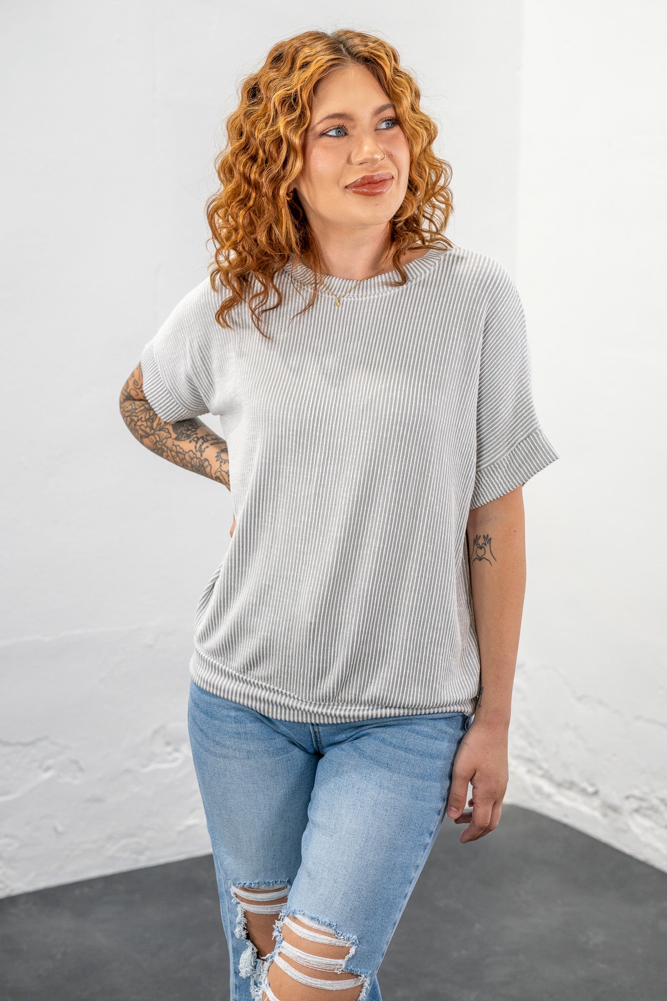 Lex Light Grey Corded Ribbed Top
