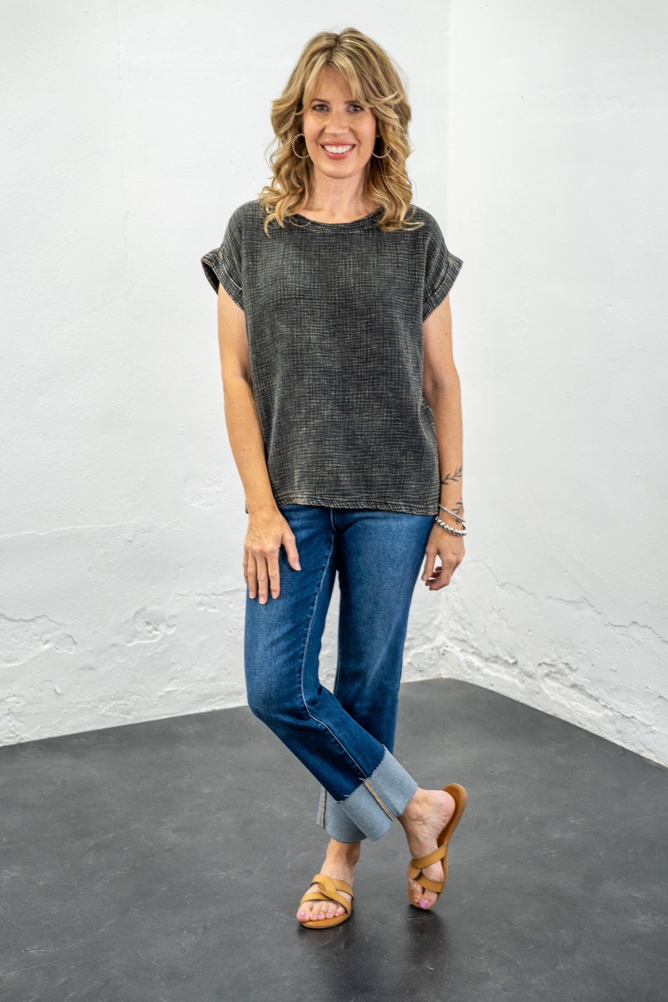 Mariah Black Acid Wash Gauze Top