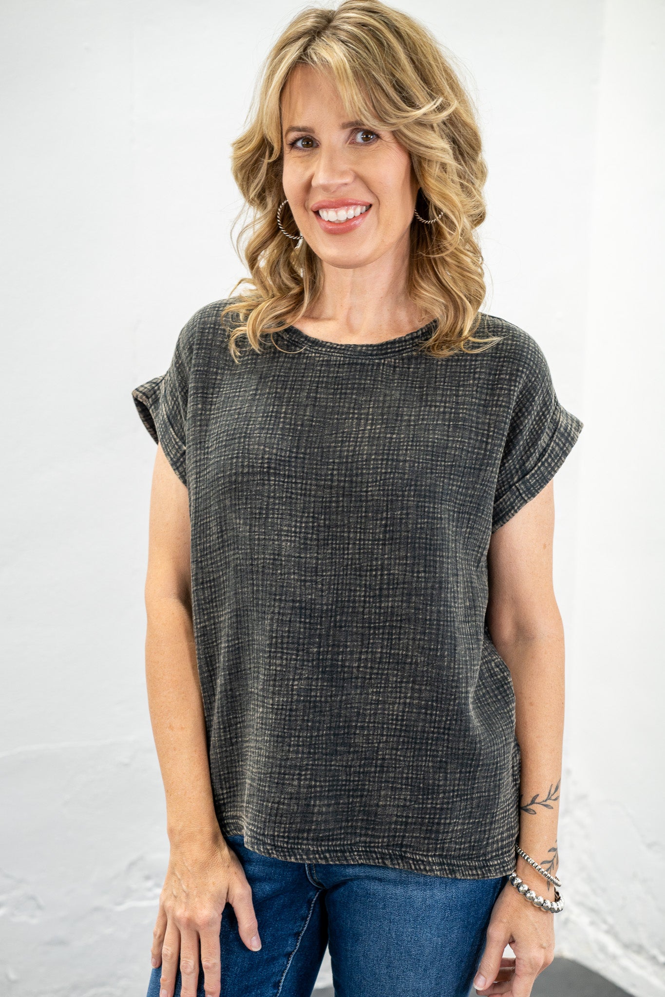 Mariah Black Acid Wash Gauze Top