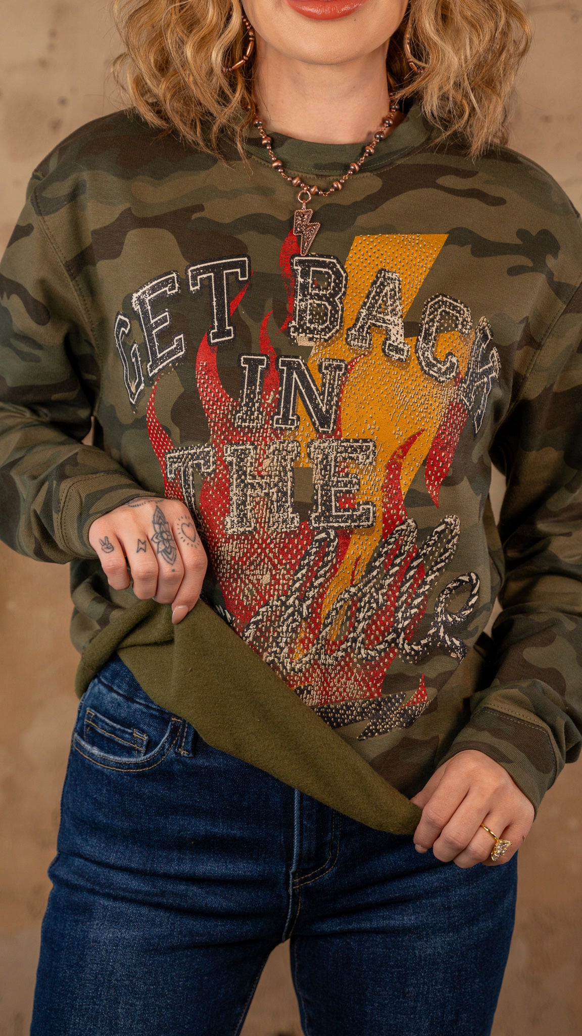 Get Back in the Saddle Camo Sweatshirt