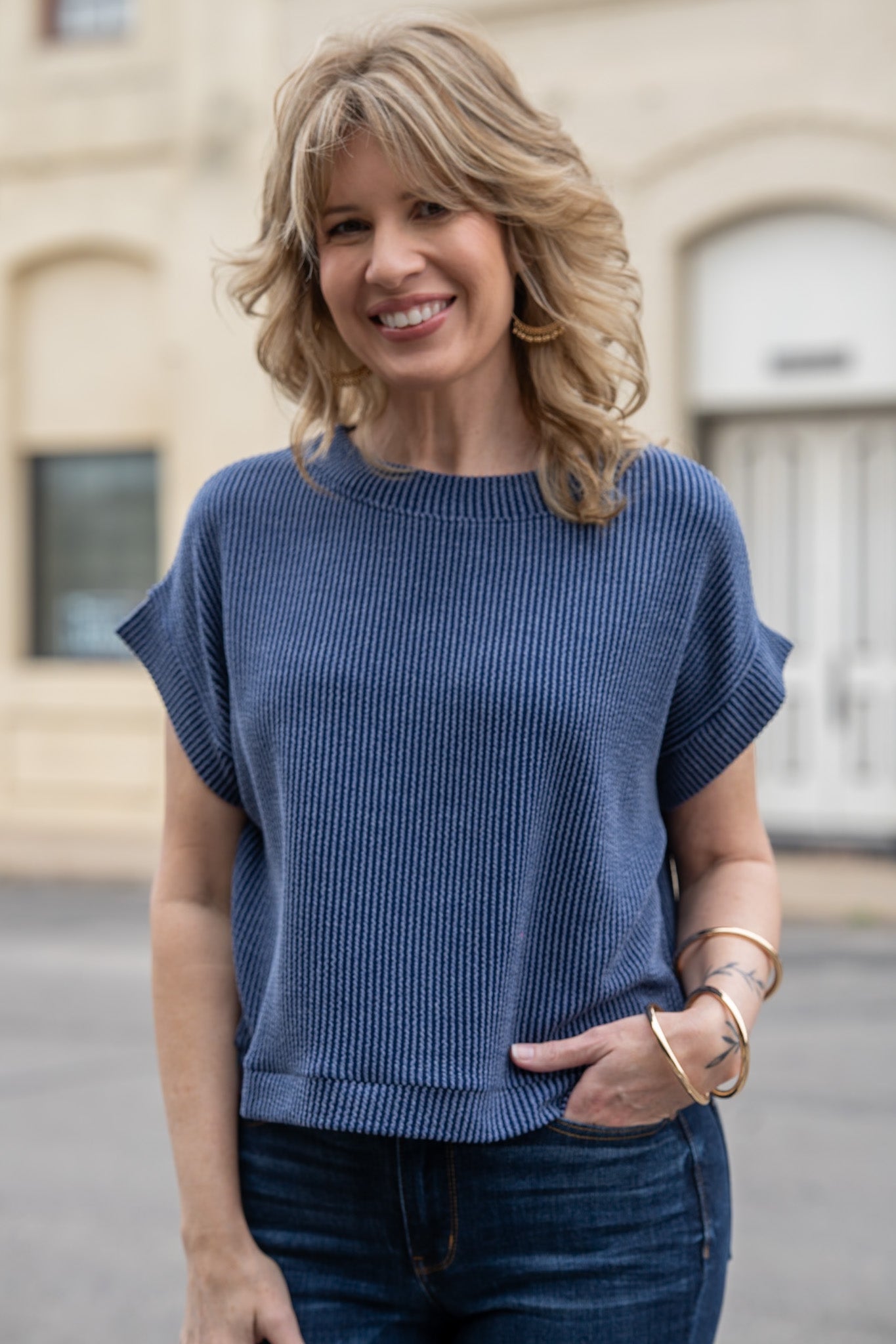 Easy Going Navy Ribbed Boxy Top