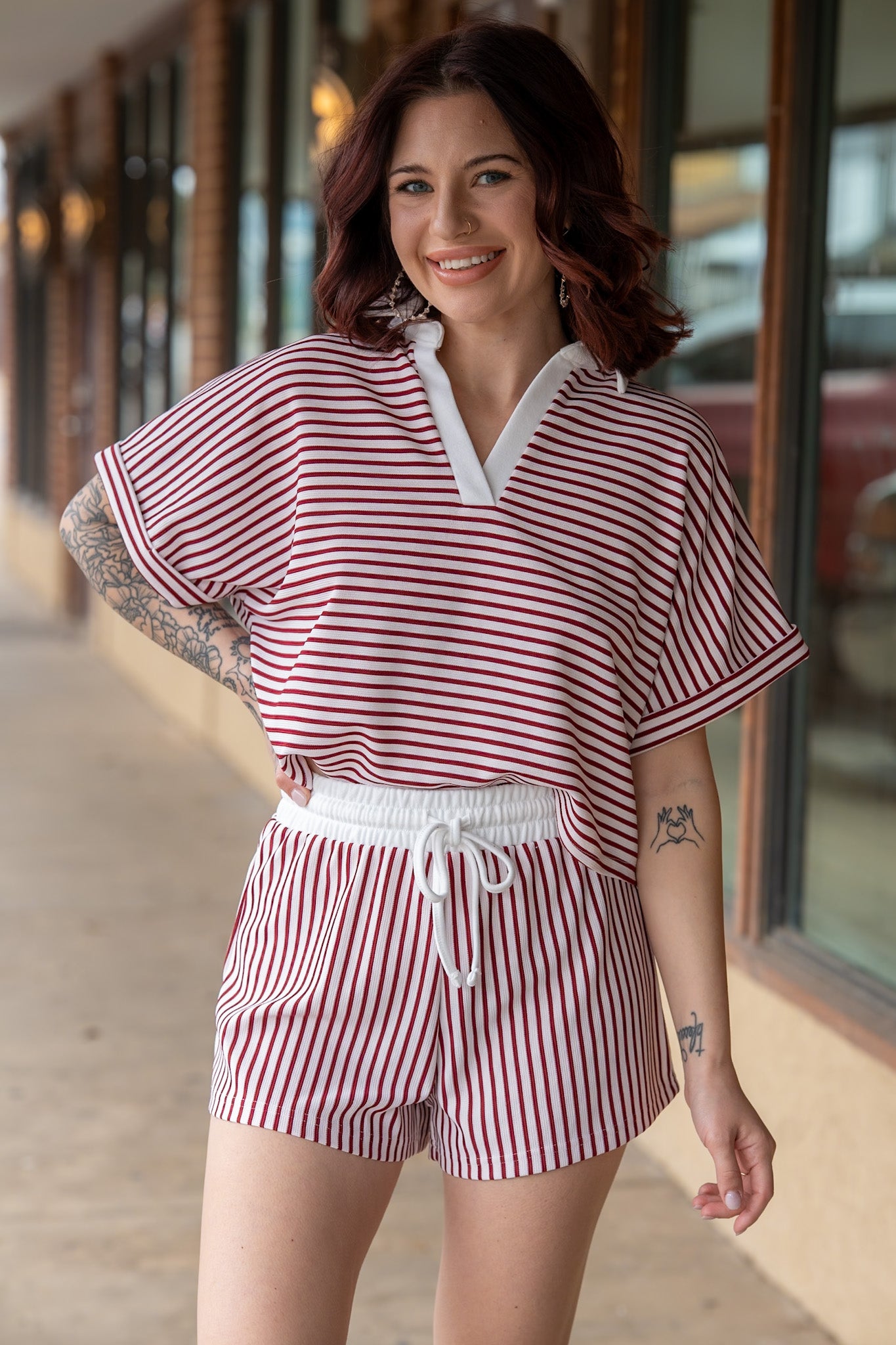 Quinn Maroon & White Striped Set