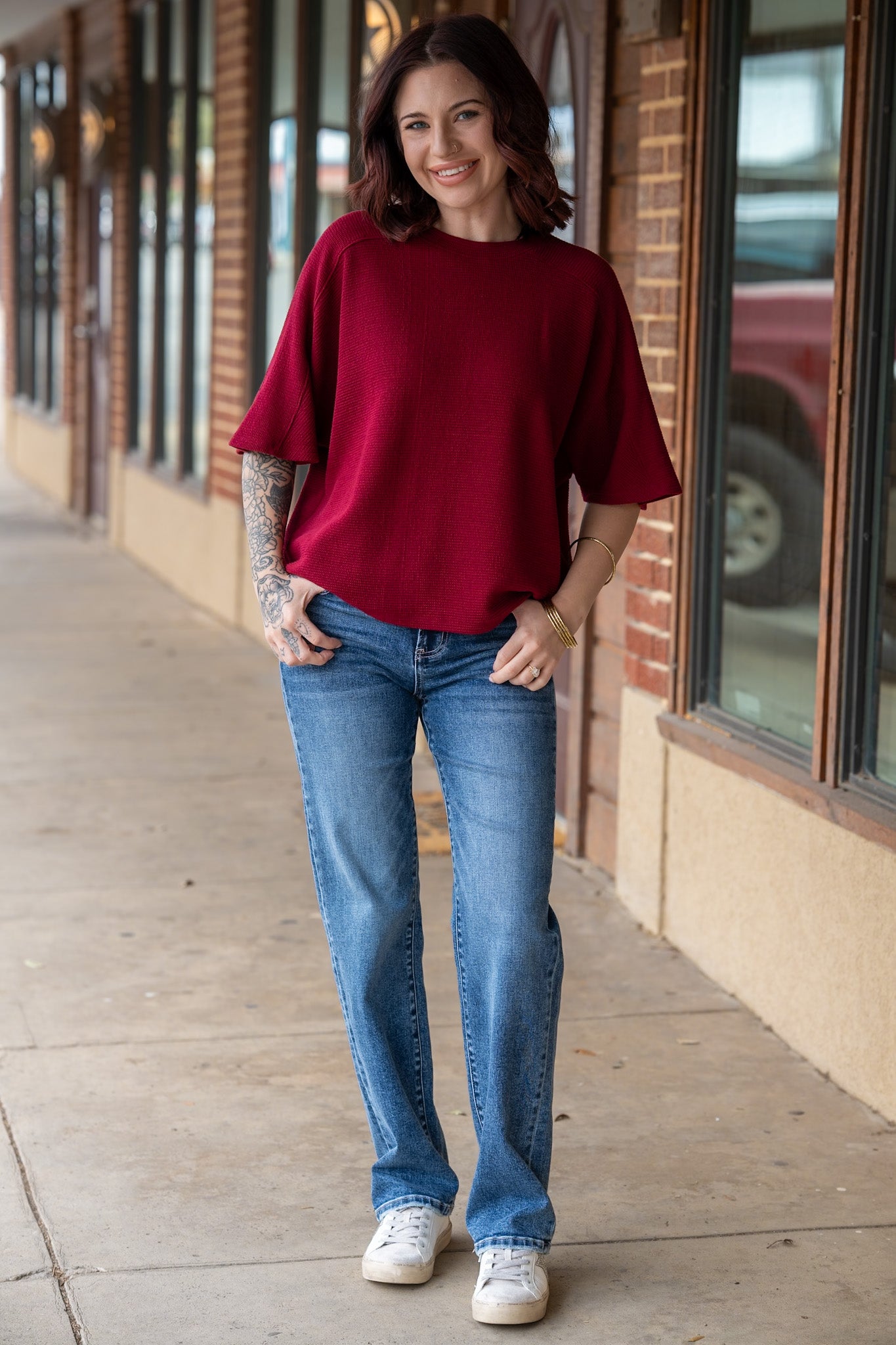 Madeline Maroon Waffle Knit Top