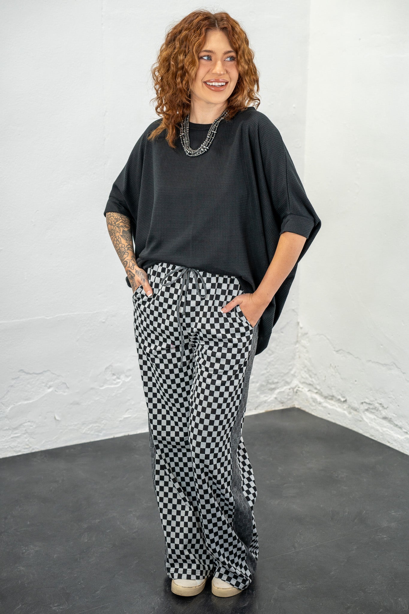 Lusina Black Waffle Knit Oversized Top