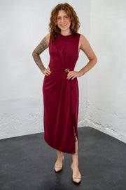 Misti Wine Faux Wrap Midi Dress
