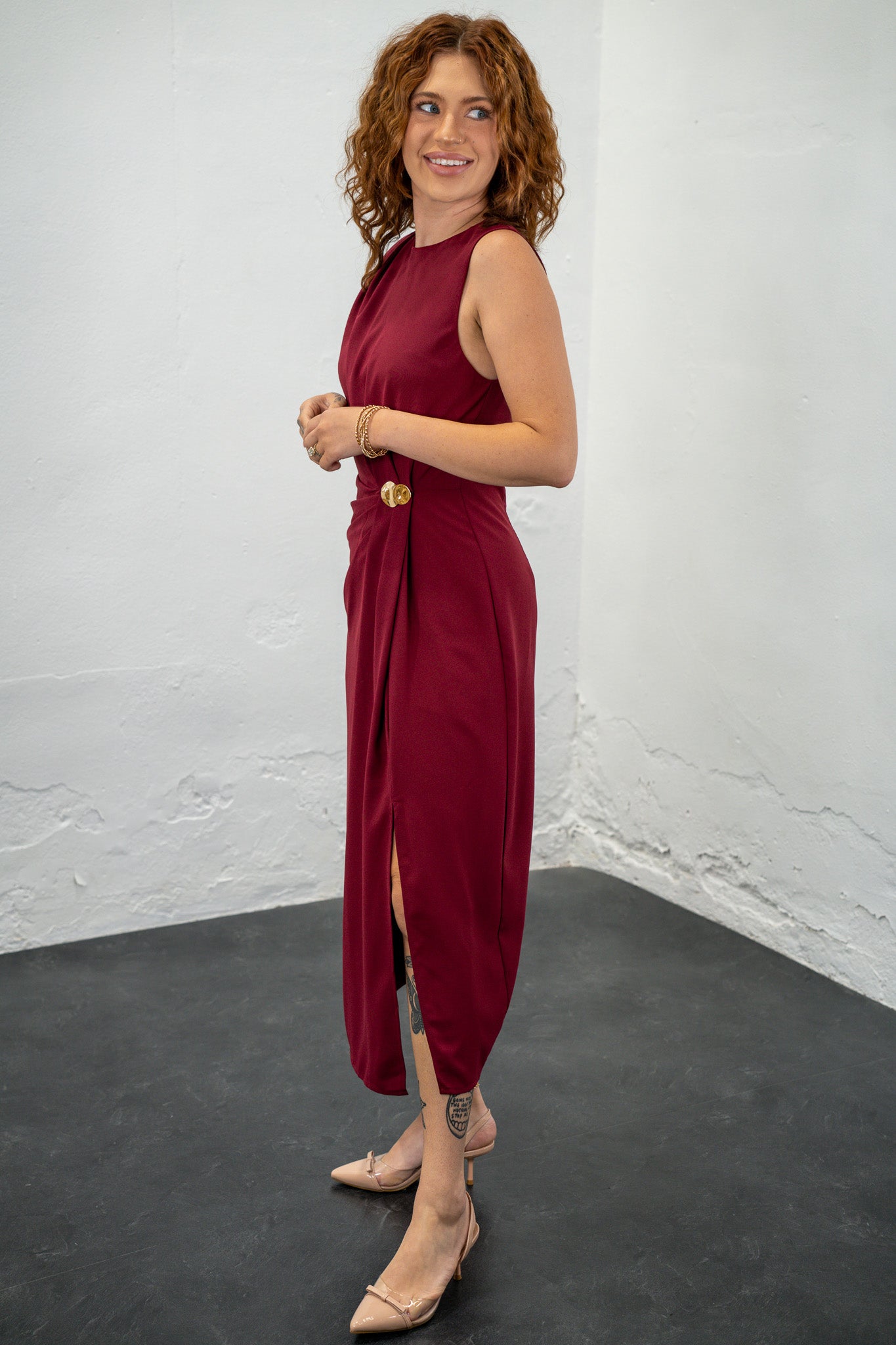 Misti Wine Faux Wrap Midi Dress