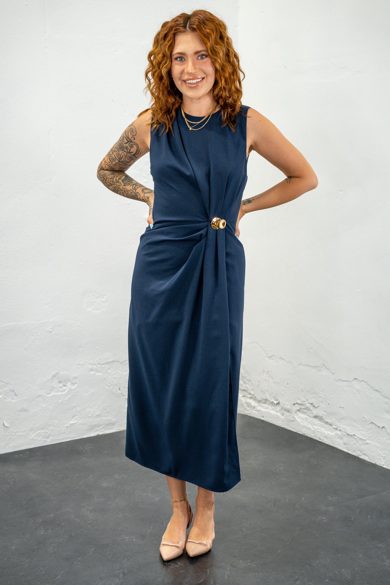 Misti Navy Faux Wrap Midi Dress