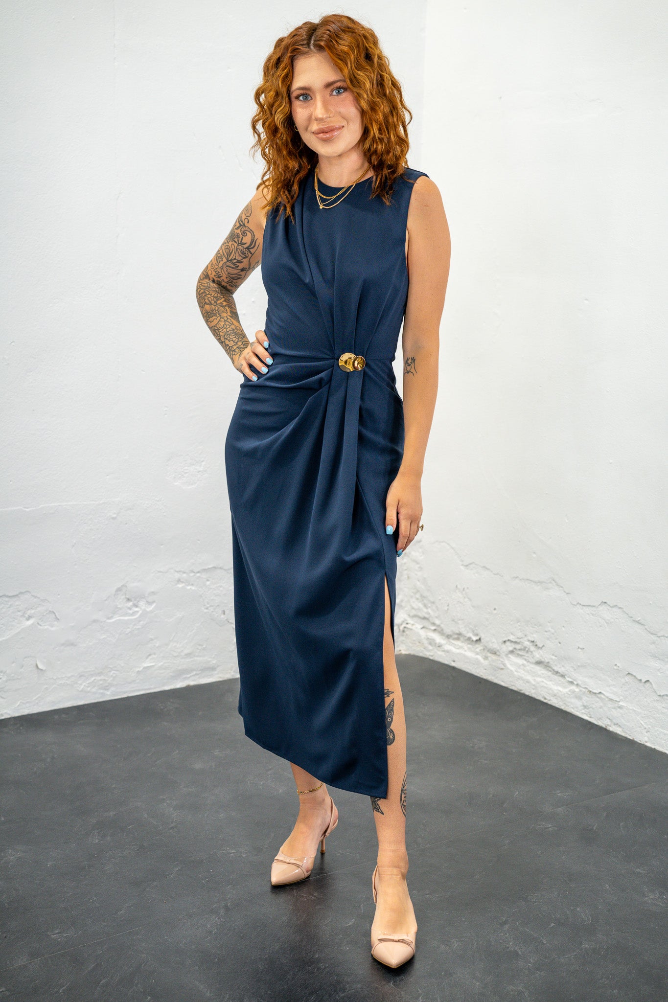Misti Navy Faux Wrap Midi Dress