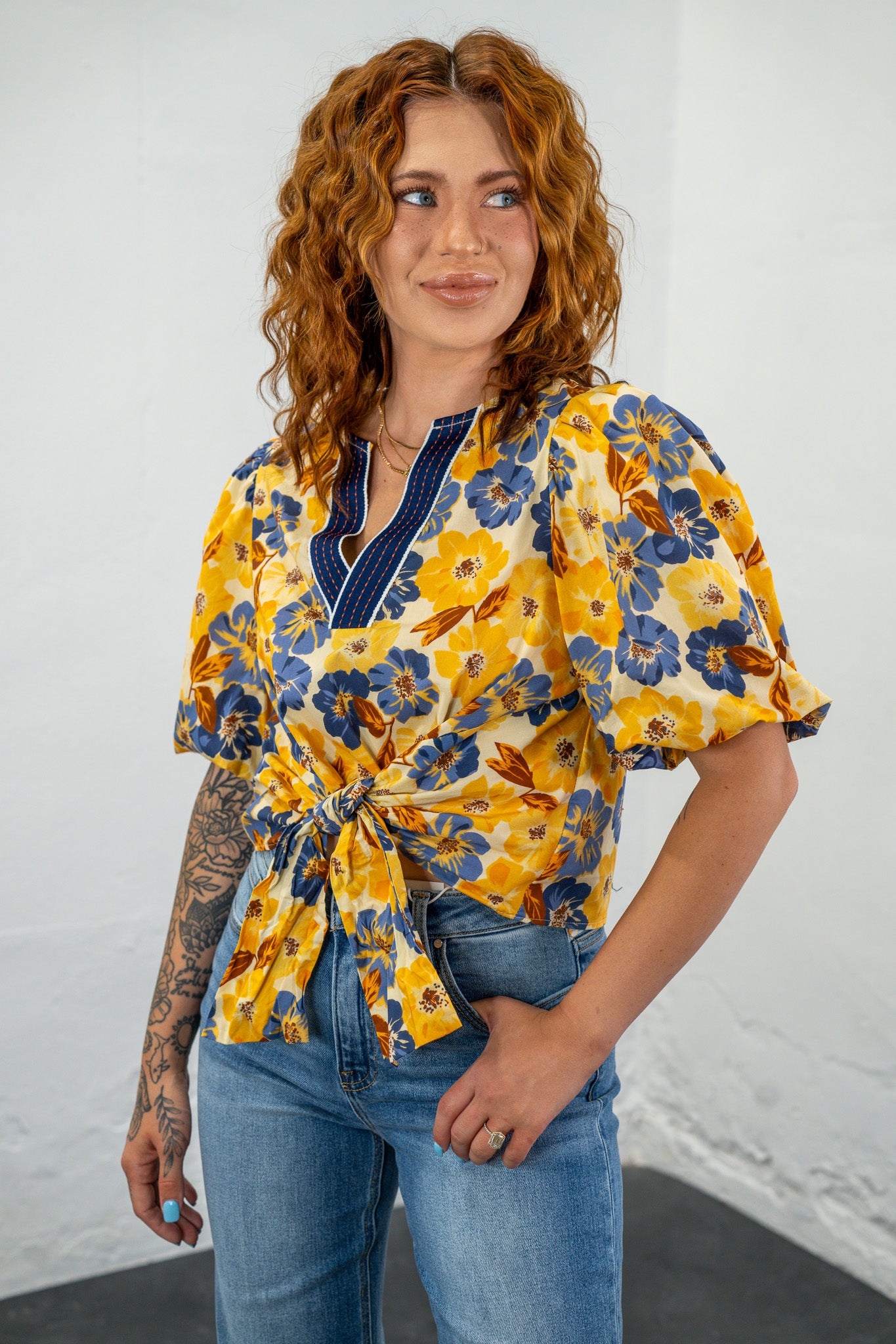 Ashtyn Yellow & Navy Tie Top