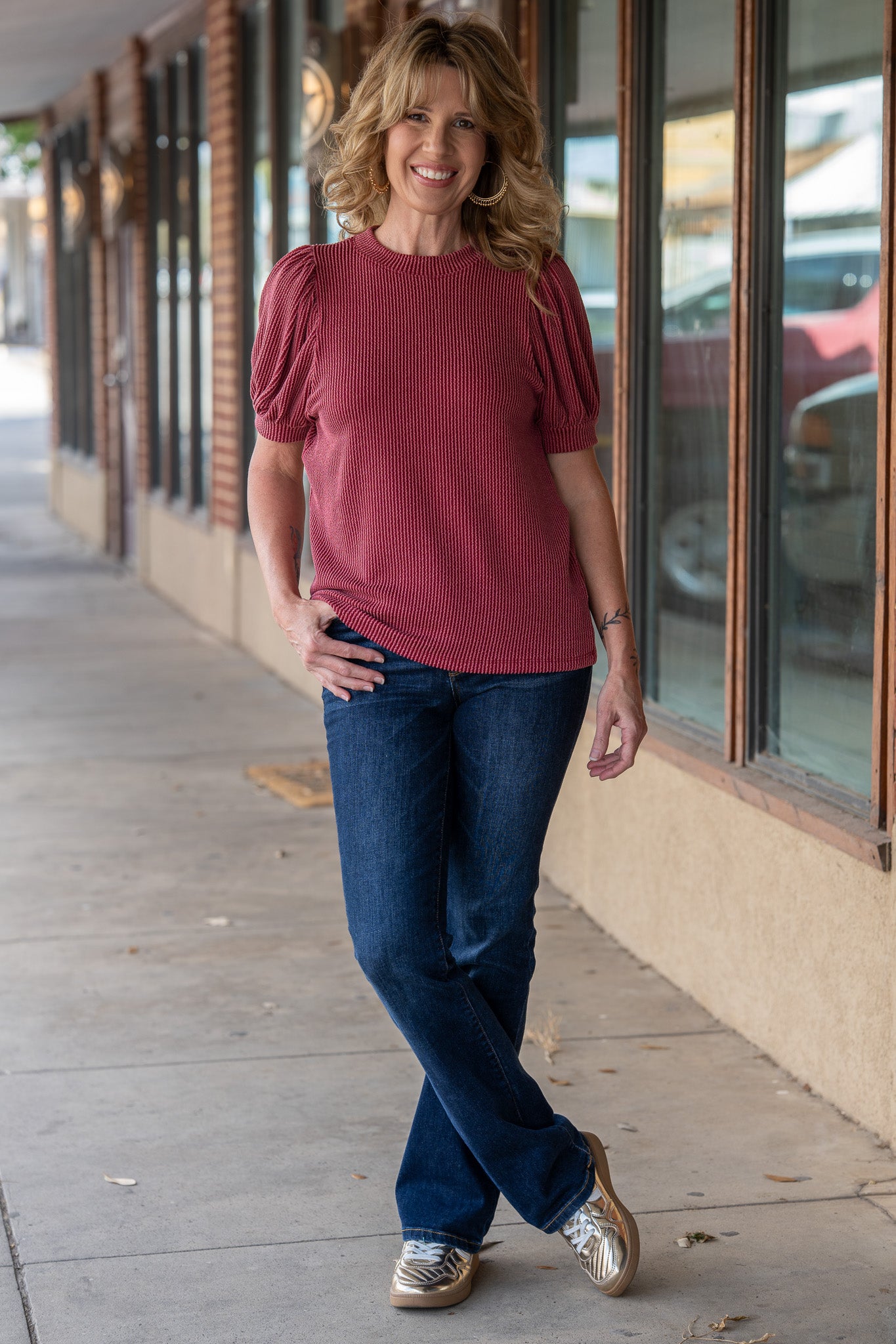 Kylie Ribbed Puff Sleeve Wine Top