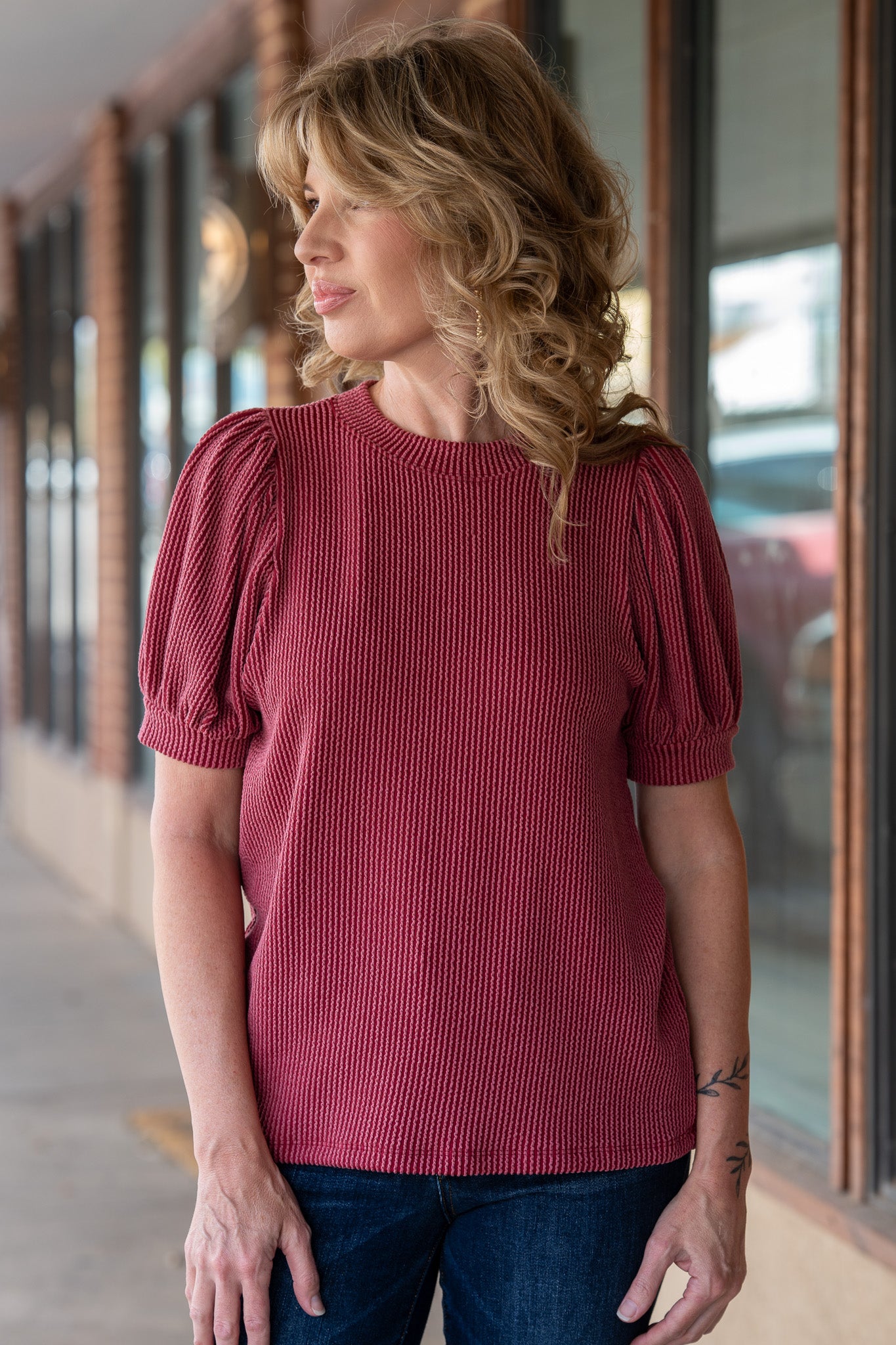 Kylie Ribbed Puff Sleeve Wine Top