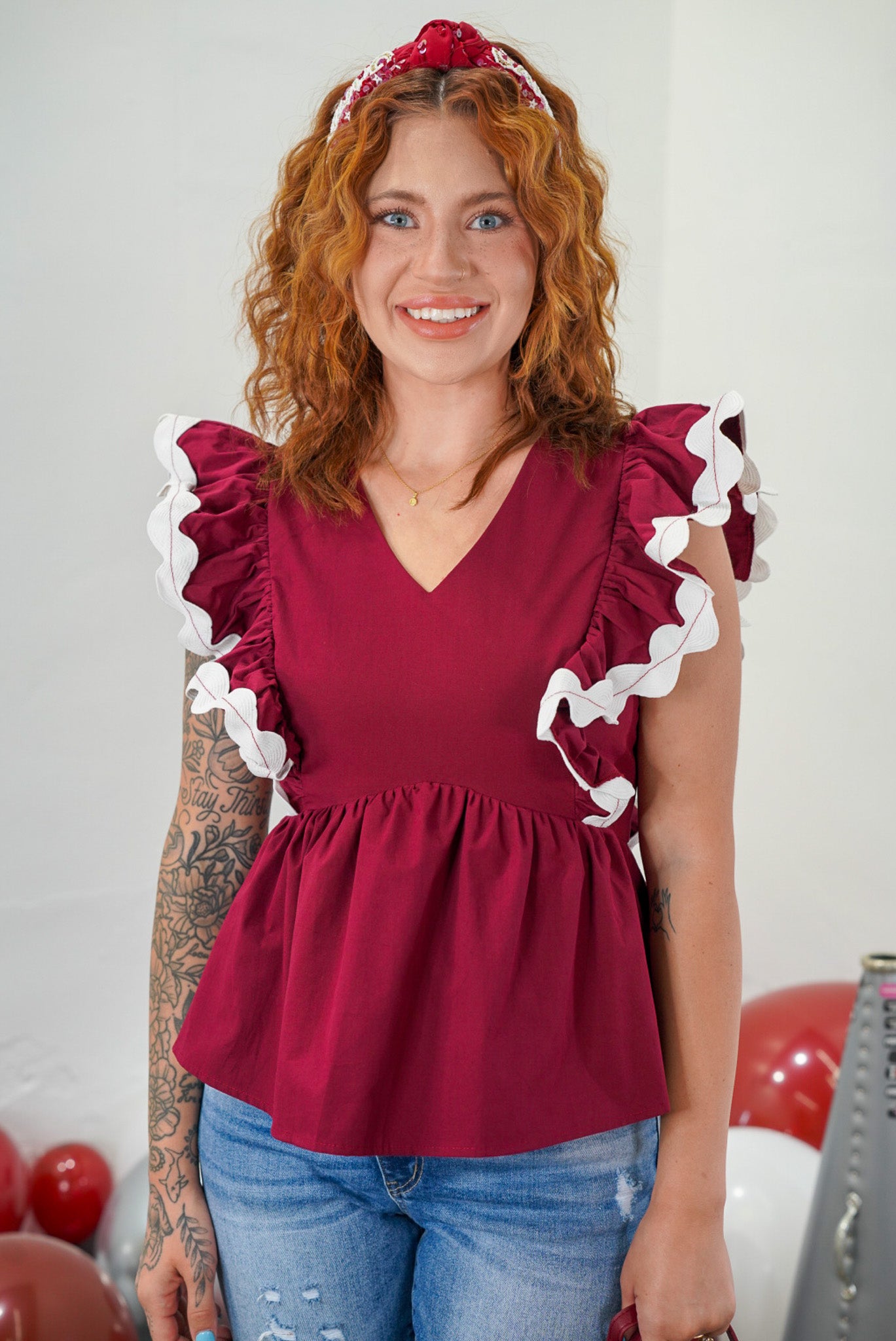 Millie Maroon & White Ric-Rac Top
