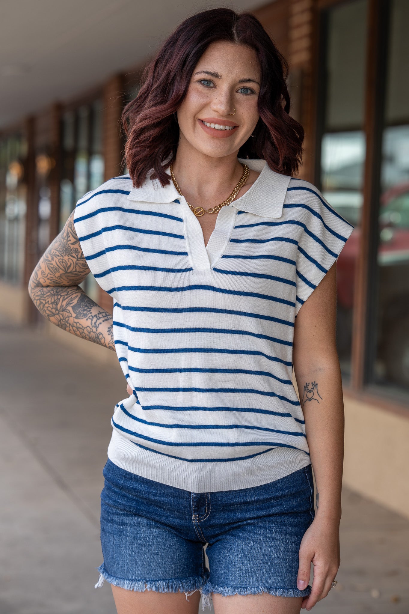 Lydia Navy & White Sleeveless Top