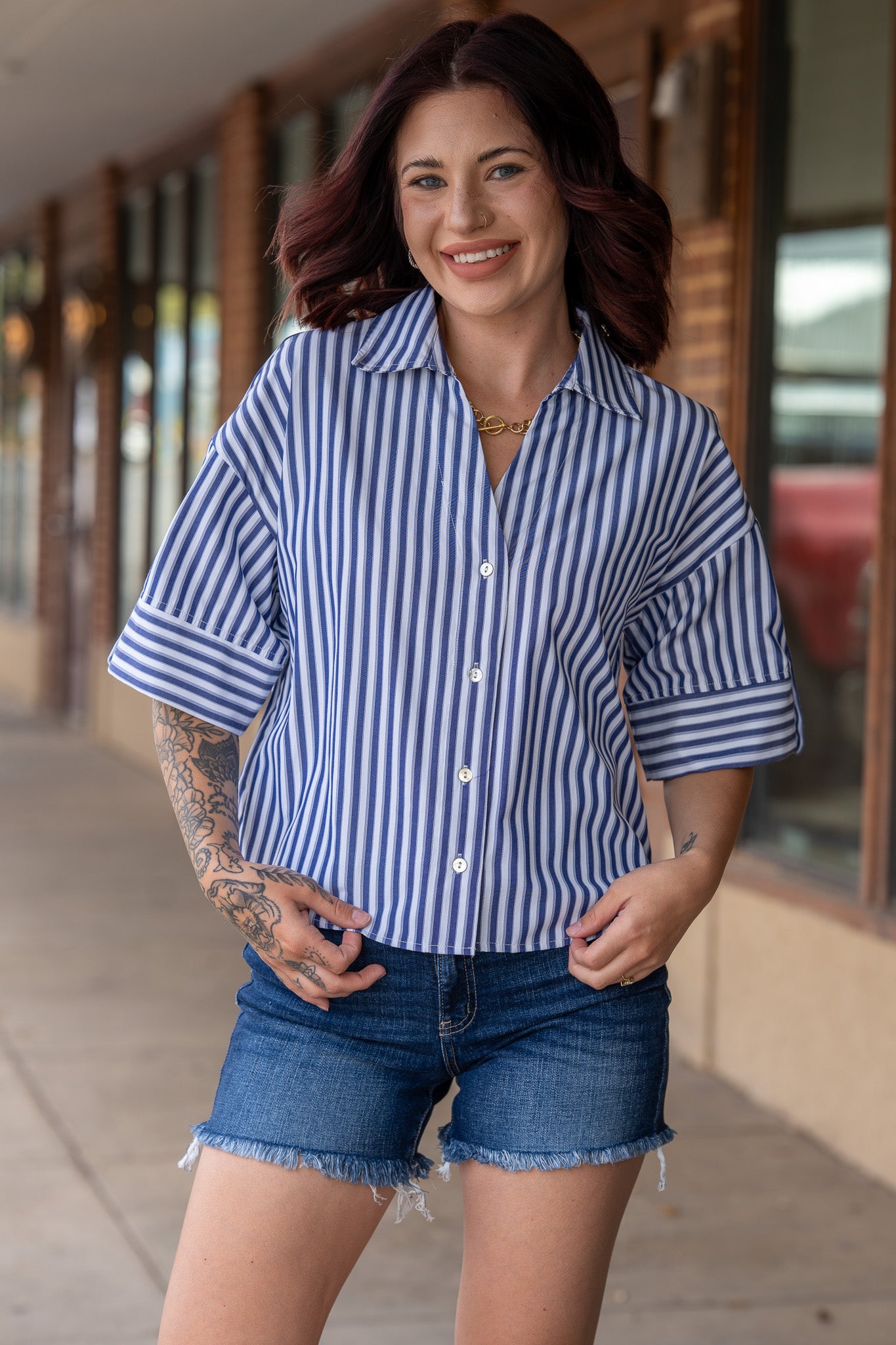 Remi Navy Button Down Top