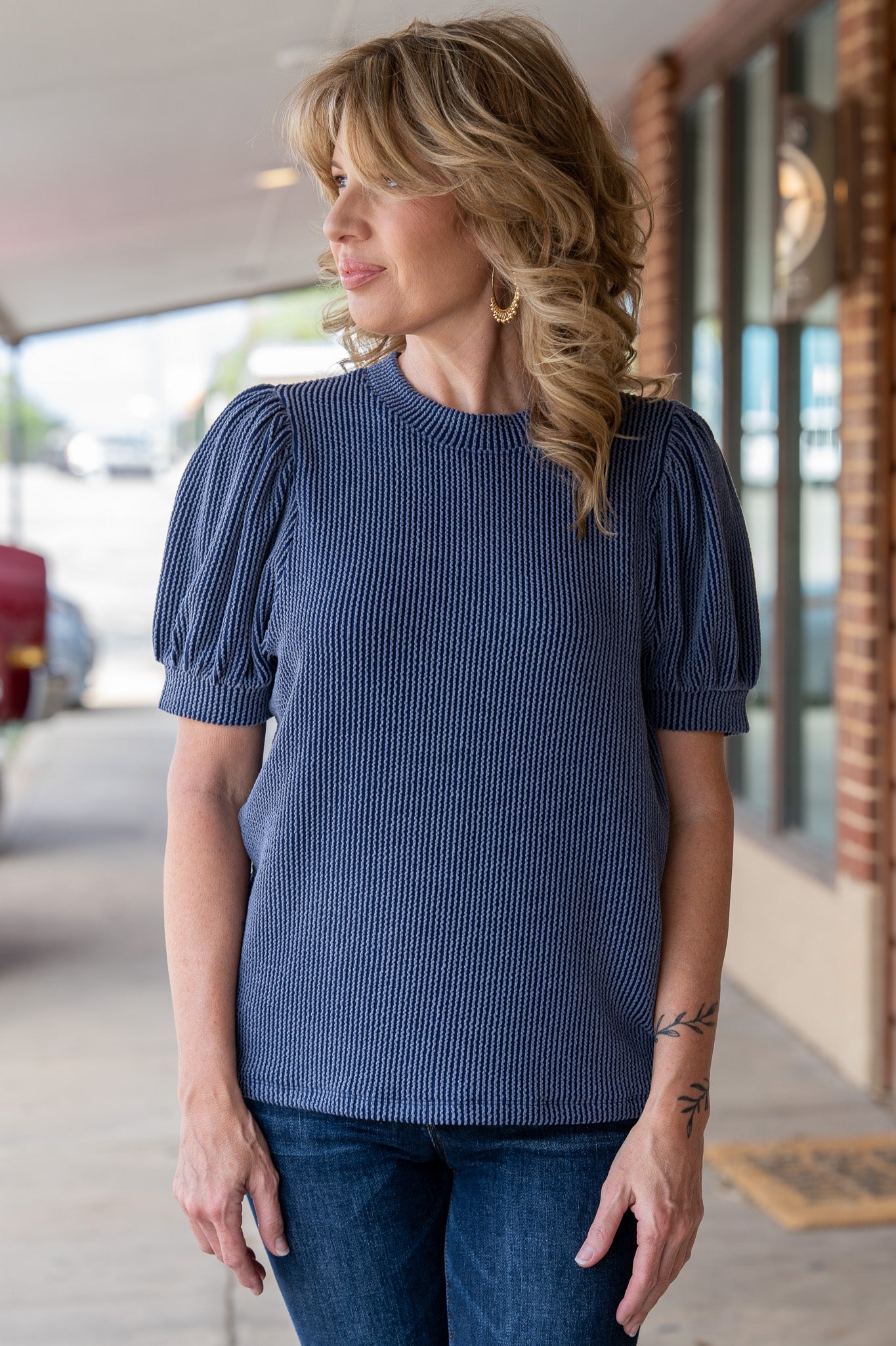 Kylie Ribbed Puff Sleeve Navy Top