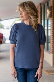 Kylie Ribbed Puff Sleeve Navy Top