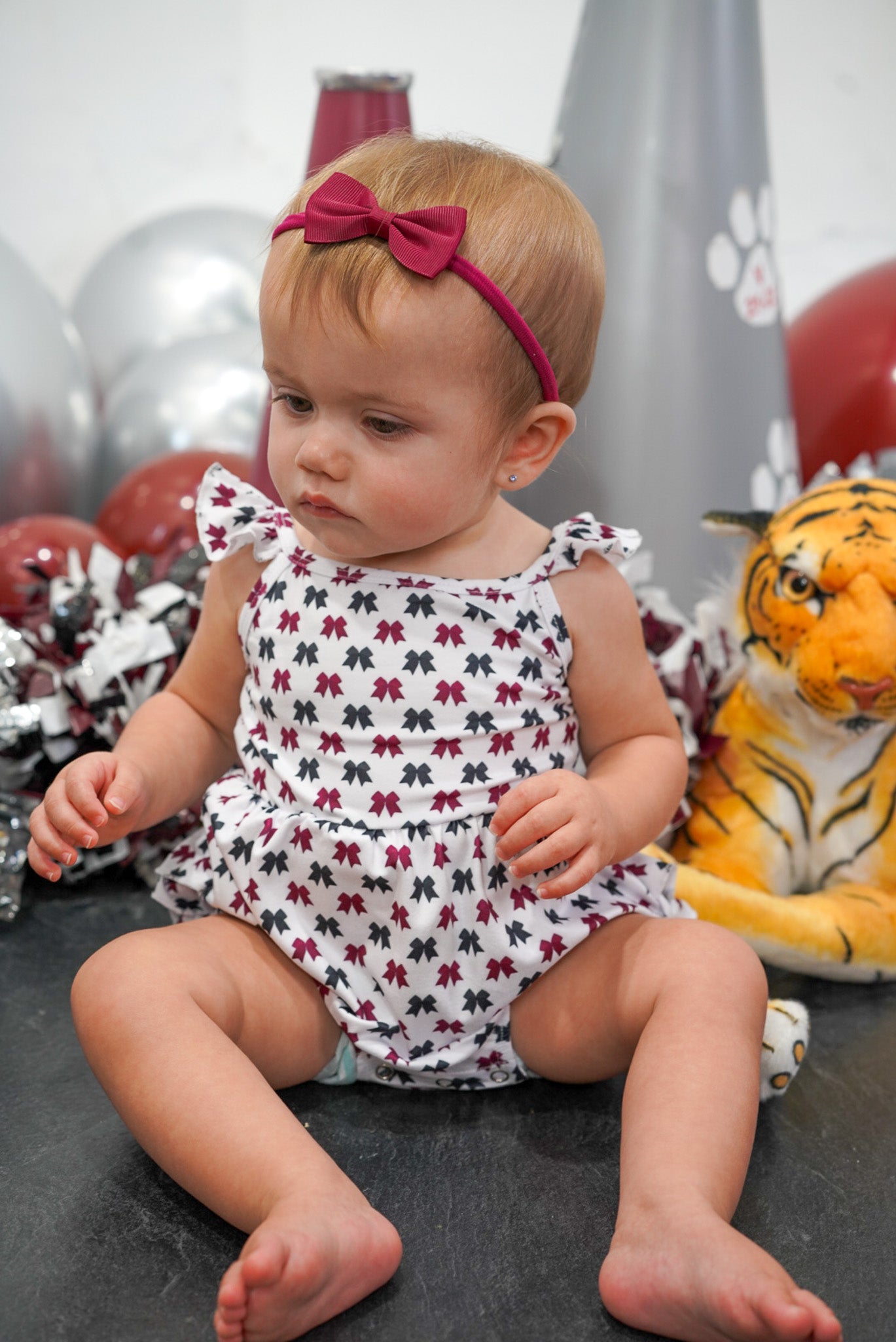 Tiger Bow Squad Ruffle Butt Onesie