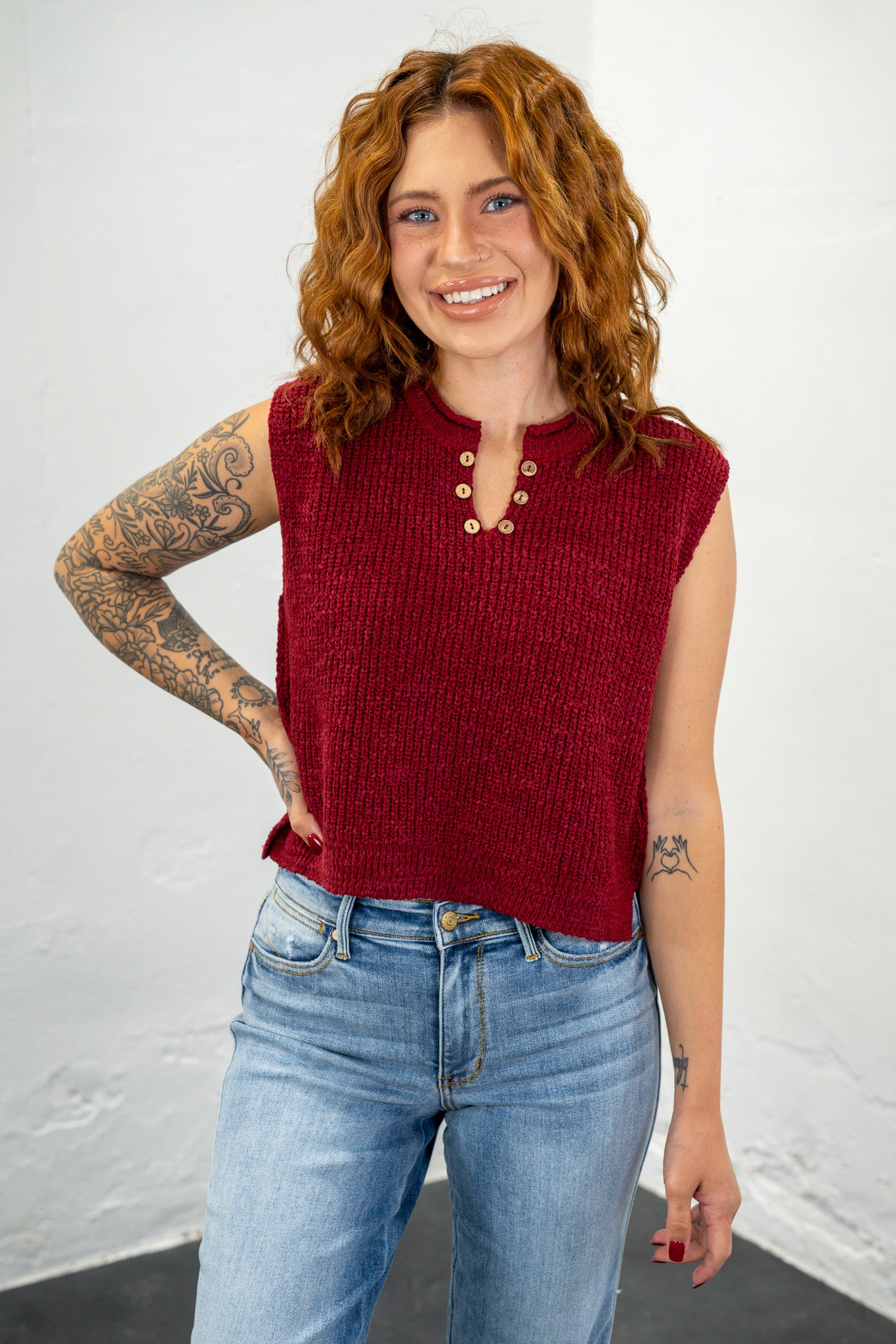 Carla Cabernet Split Neck Knit Top