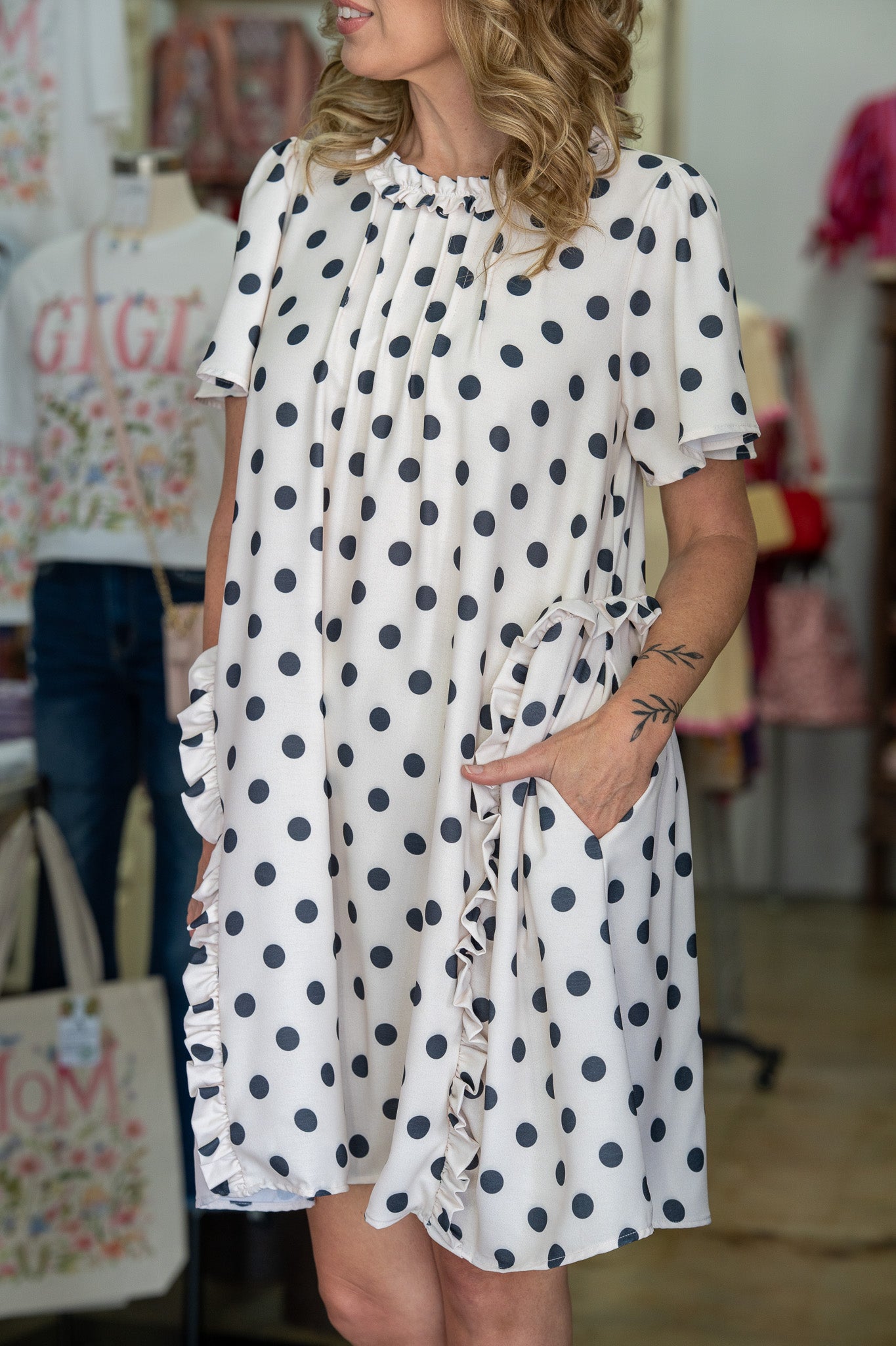 Dotted Frills Flutter Sleeve Dress