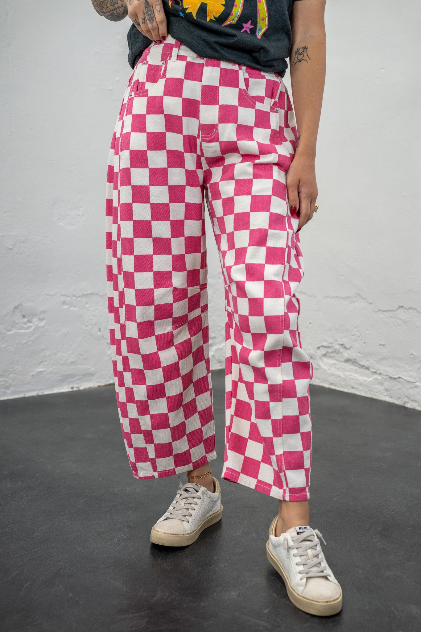 Kendra Pink Checkered Barrel Pants