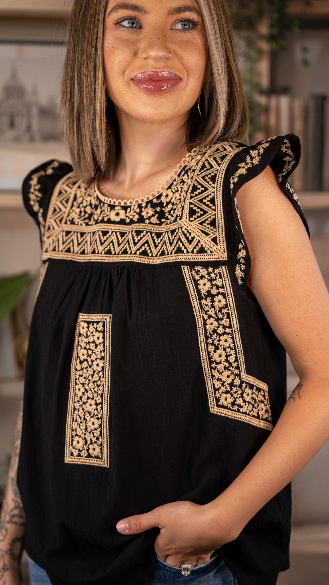 Layla Black & Taupe Embroidered Top