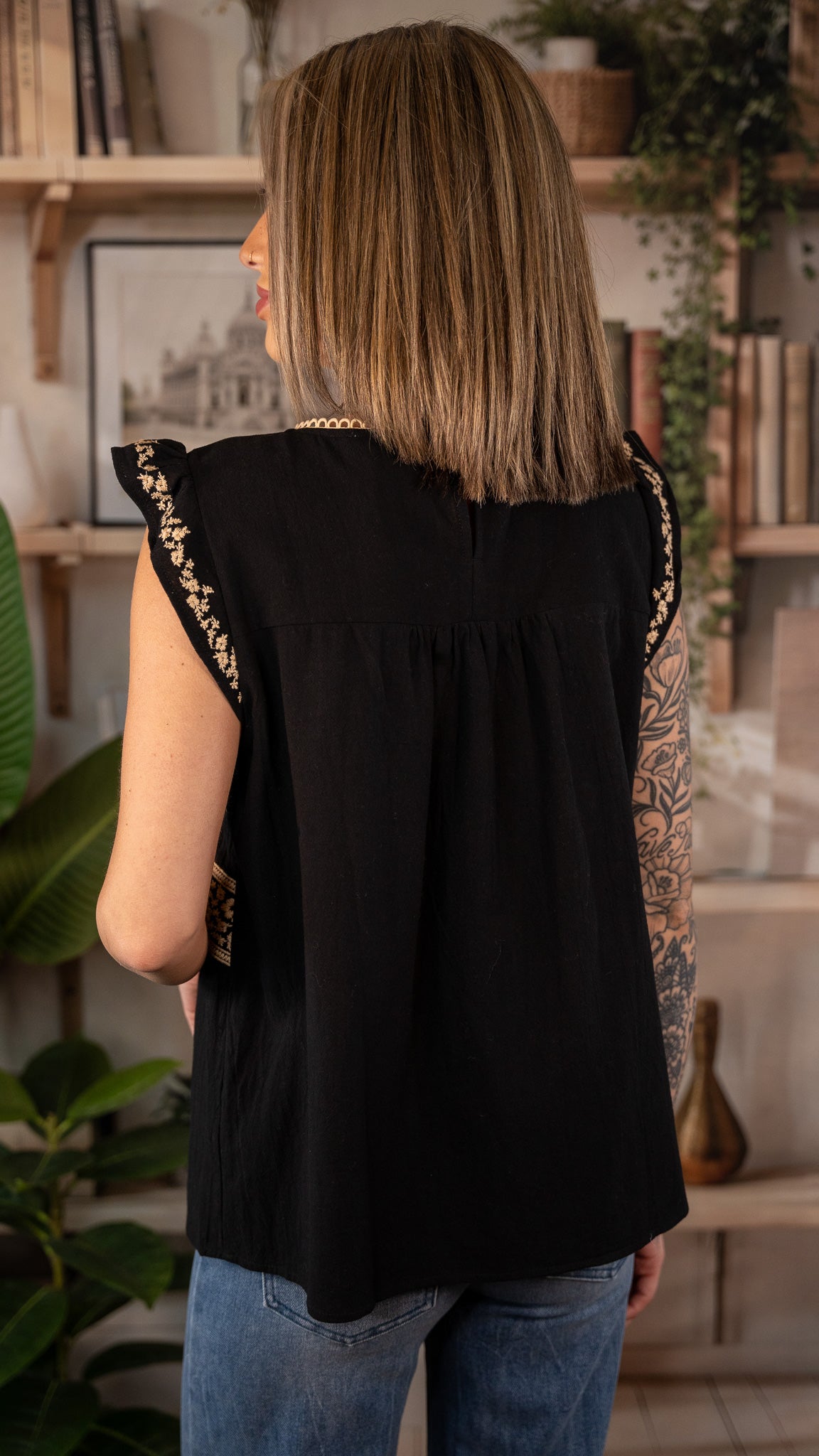 Layla Black & Taupe Embroidered Top