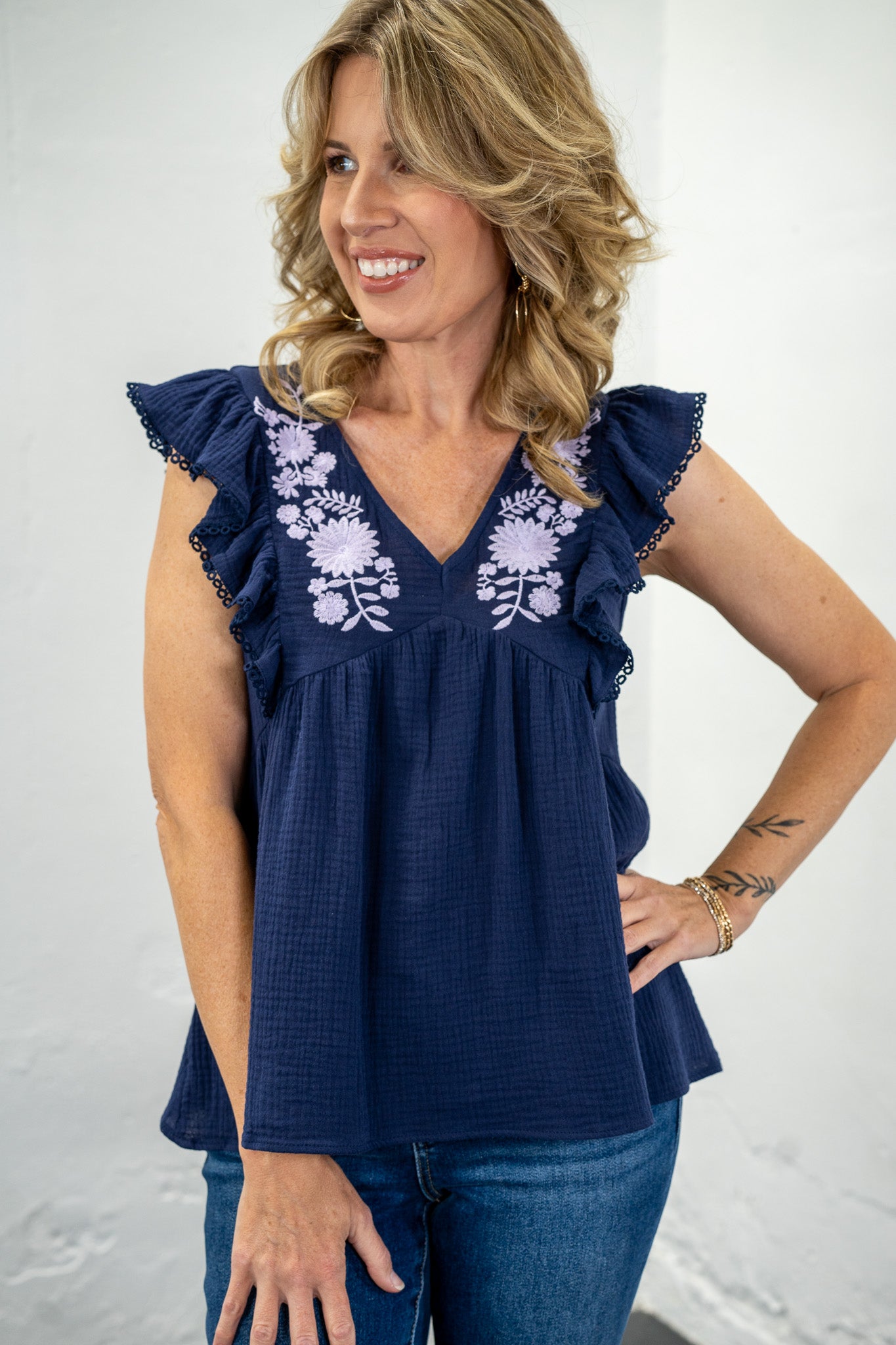 Rachelle Navy Embroidered Top