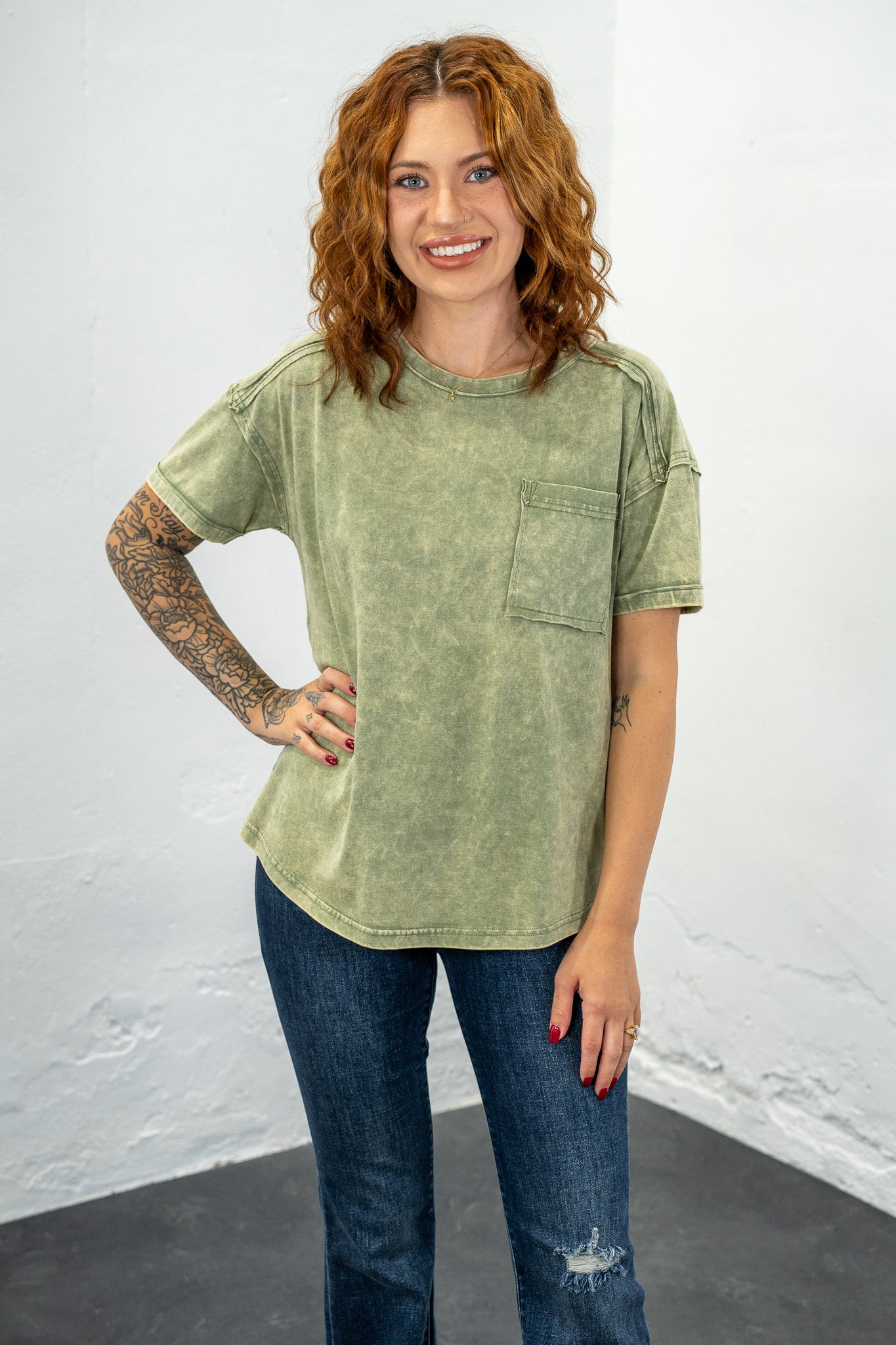 Micah Light Olive Acid Wash Tee