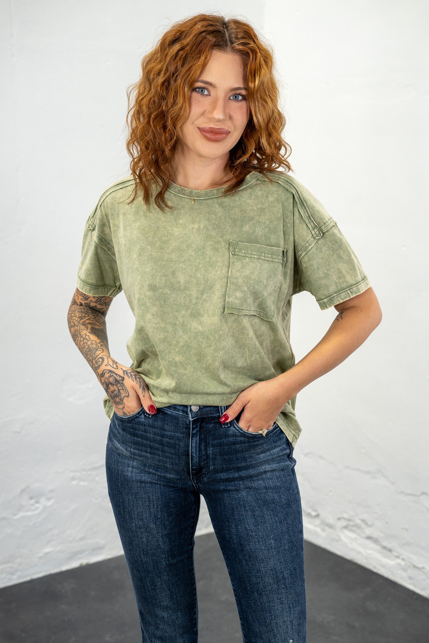 Micah Light Olive Acid Wash Tee