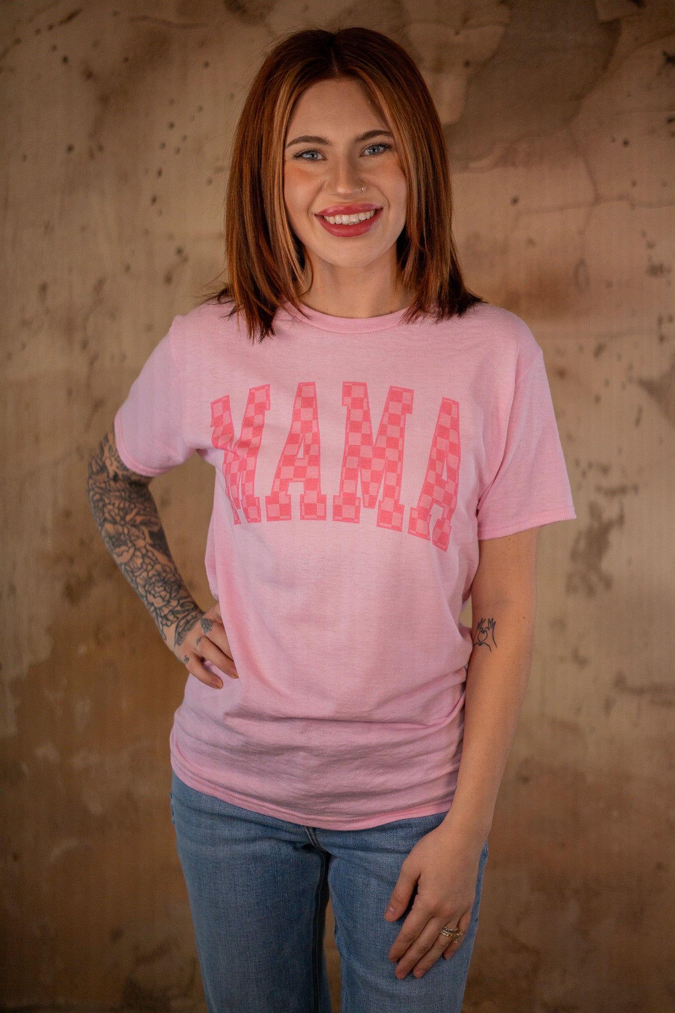 Pink Checkered MAMA Tee