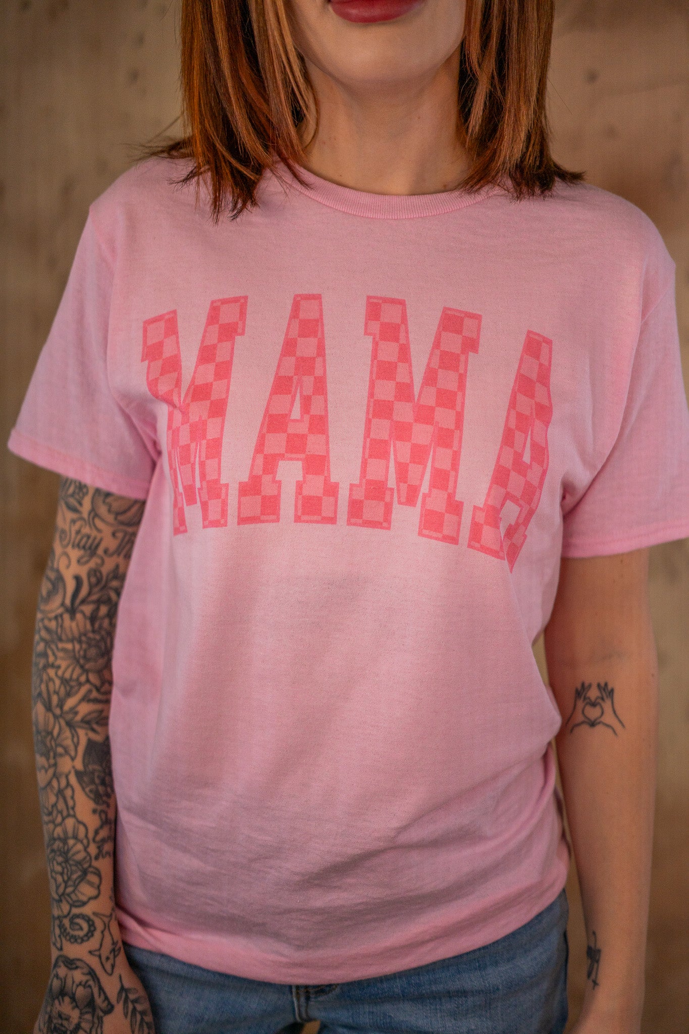 Pink Checkered MAMA Tee