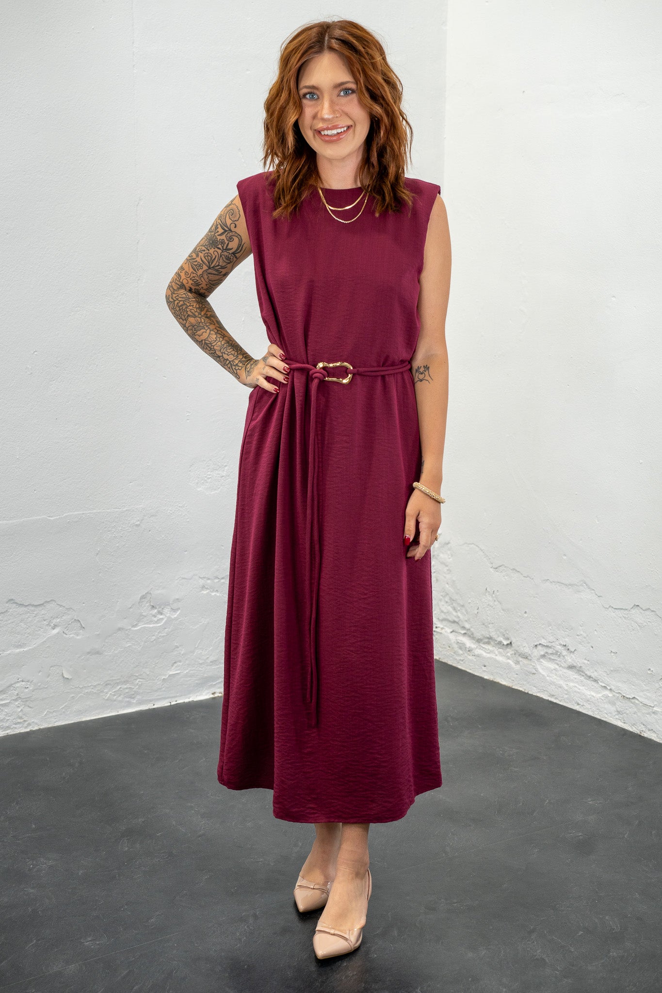 Molly Wine Belted Dress