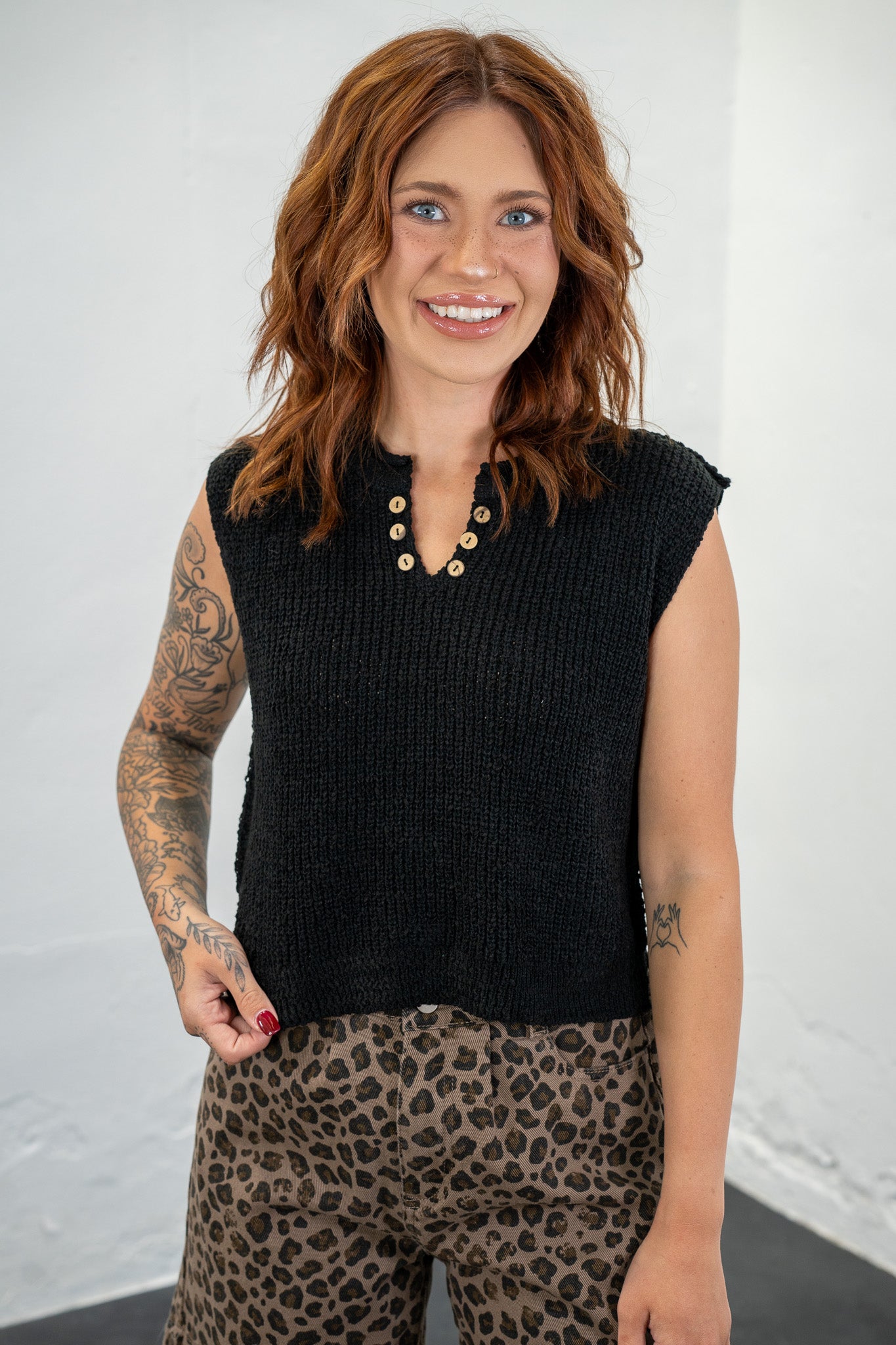 Carla Black Split Neck Knit Top