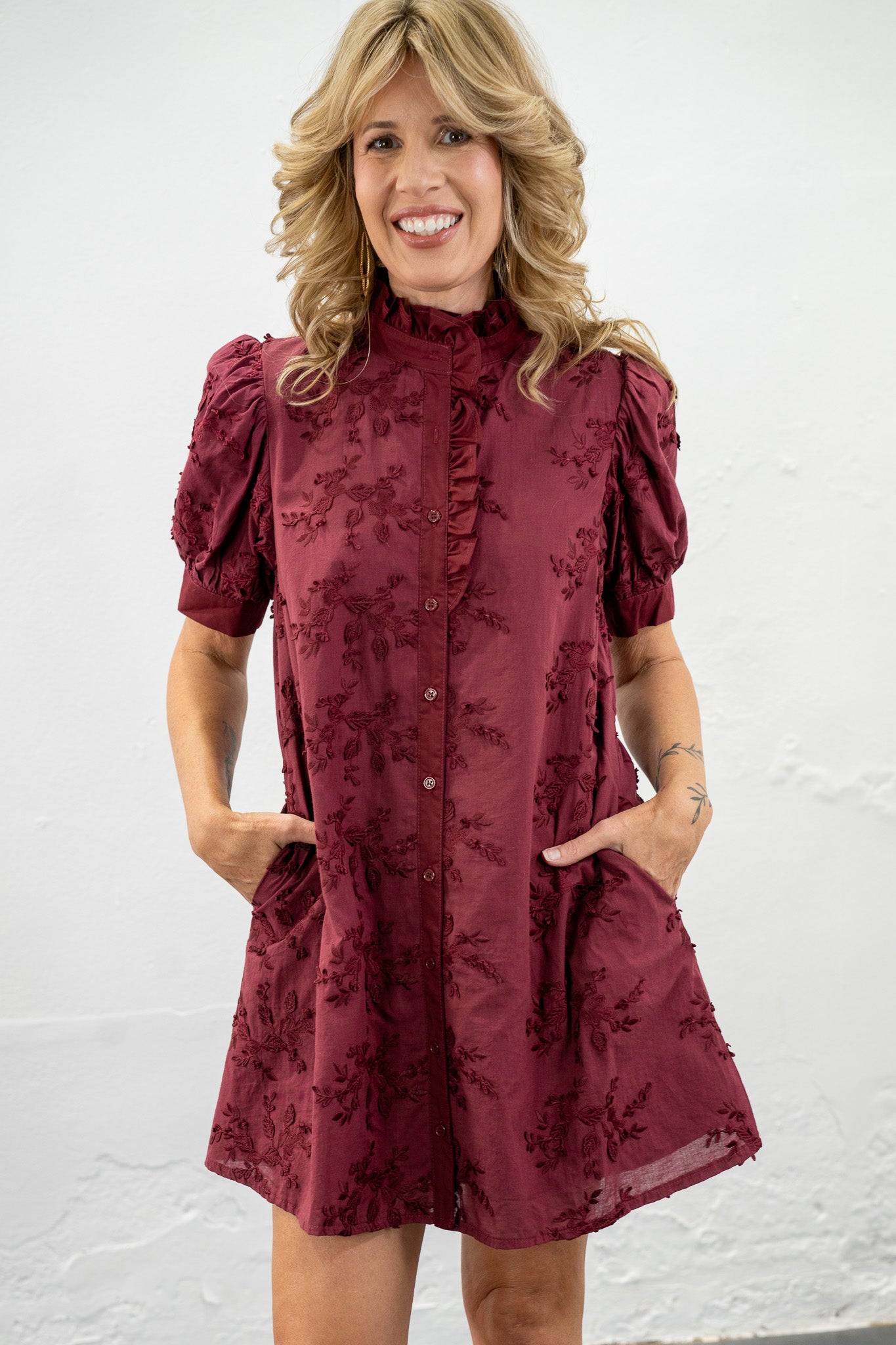 Mandy Maroon Textured Floral Dress