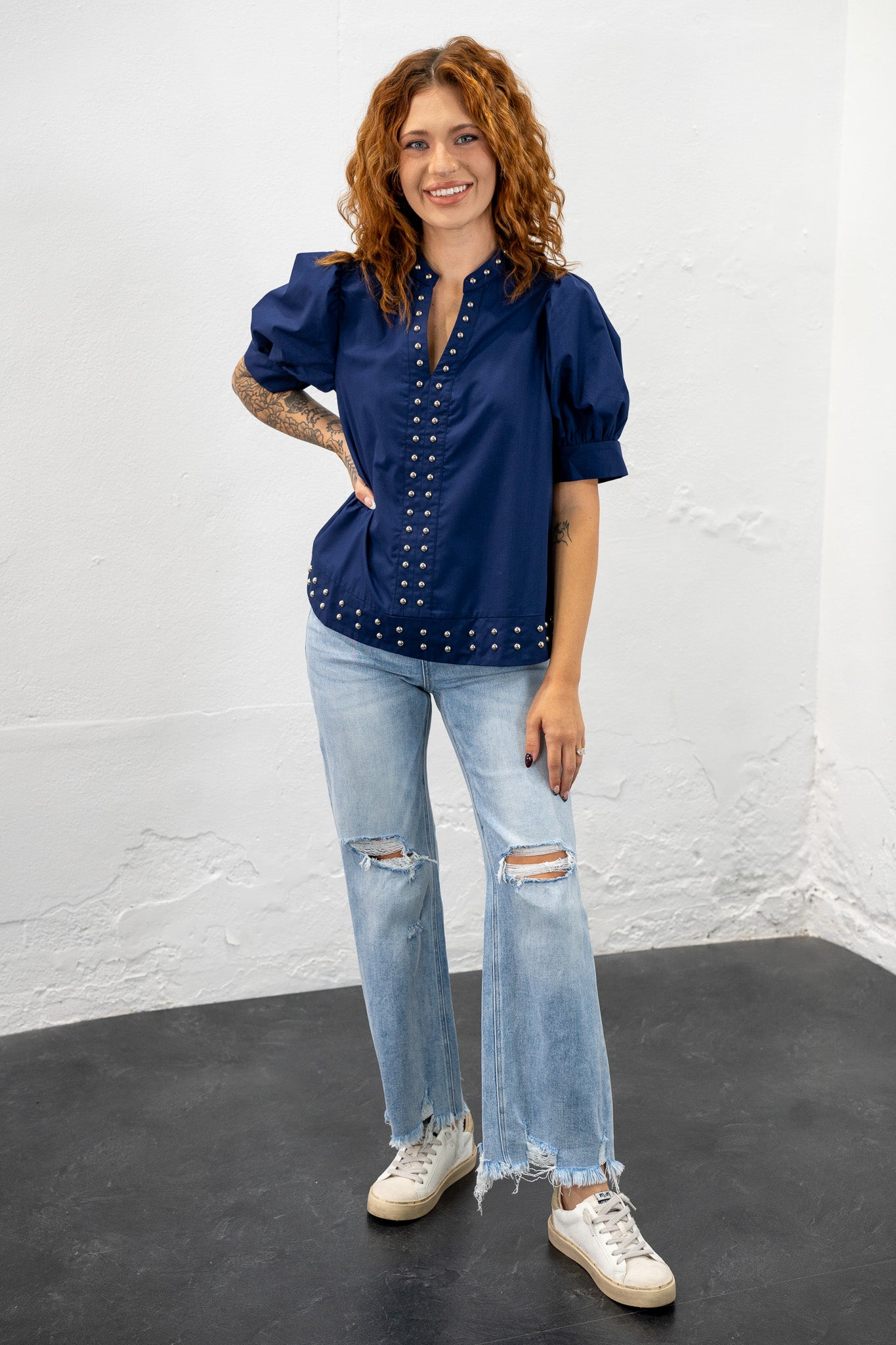Evangeline Navy Studded Top