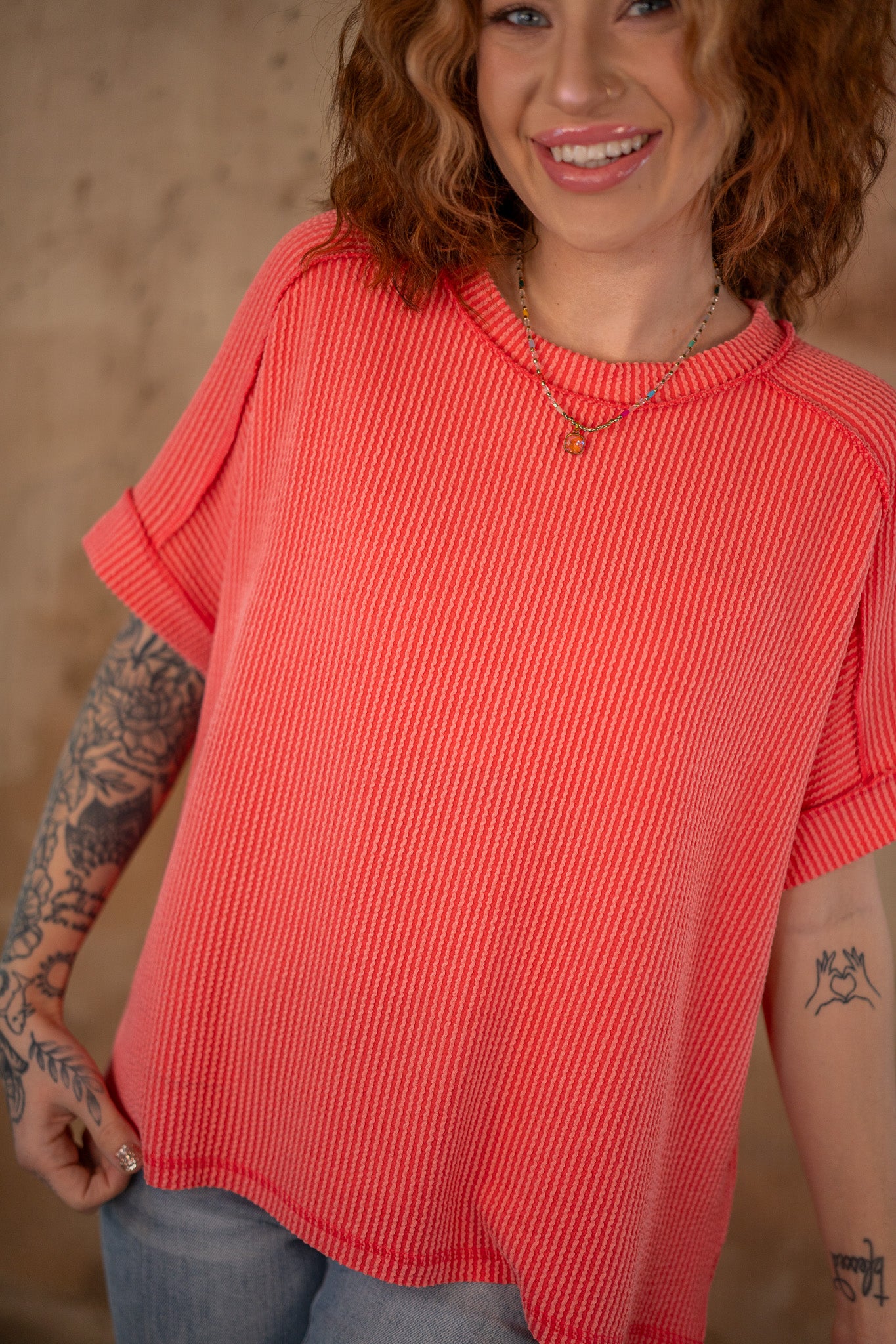 Clara Dark Coral Corded Ribbed Top