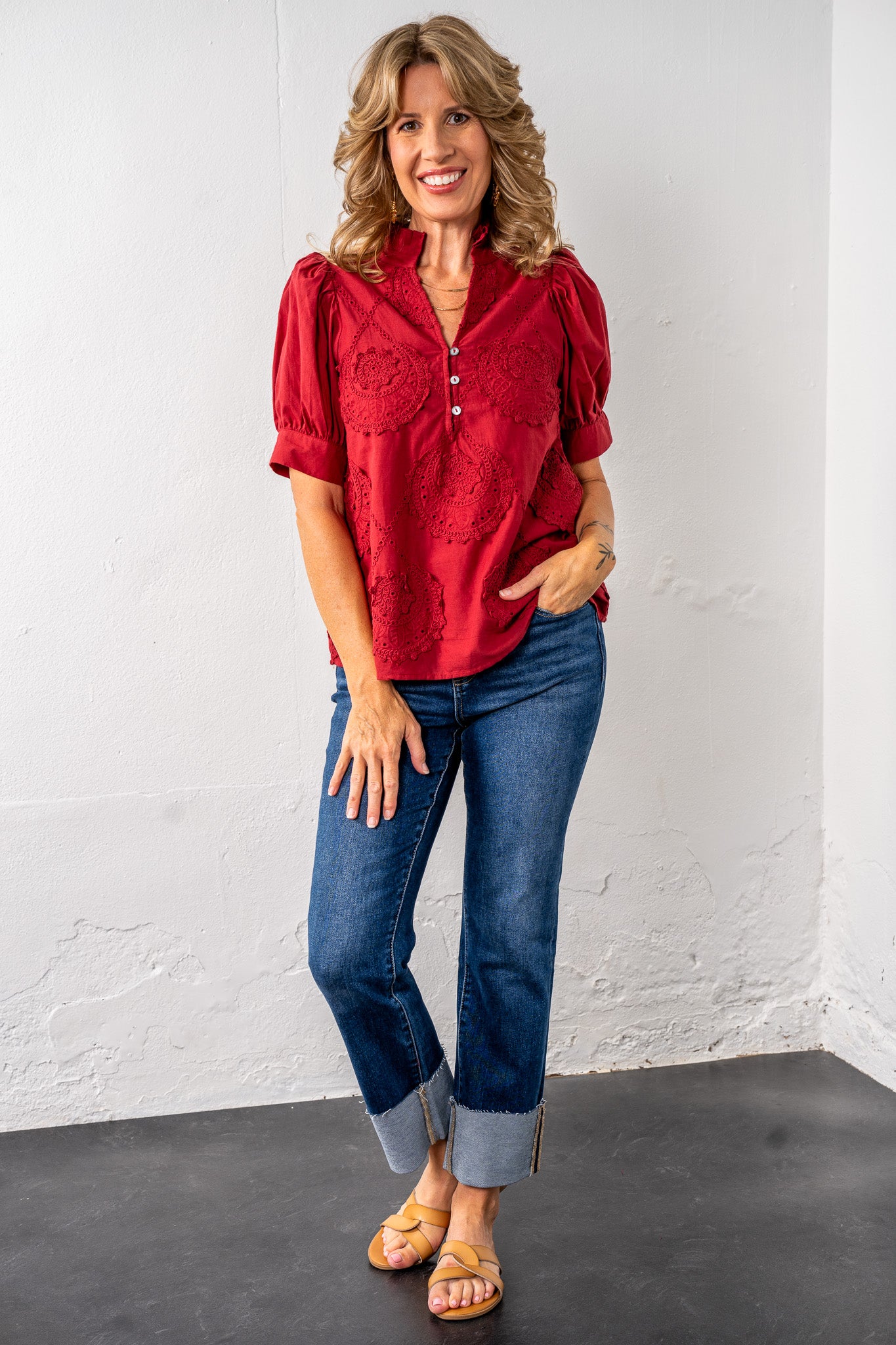 Liza Burgundy Crochet Patch Top