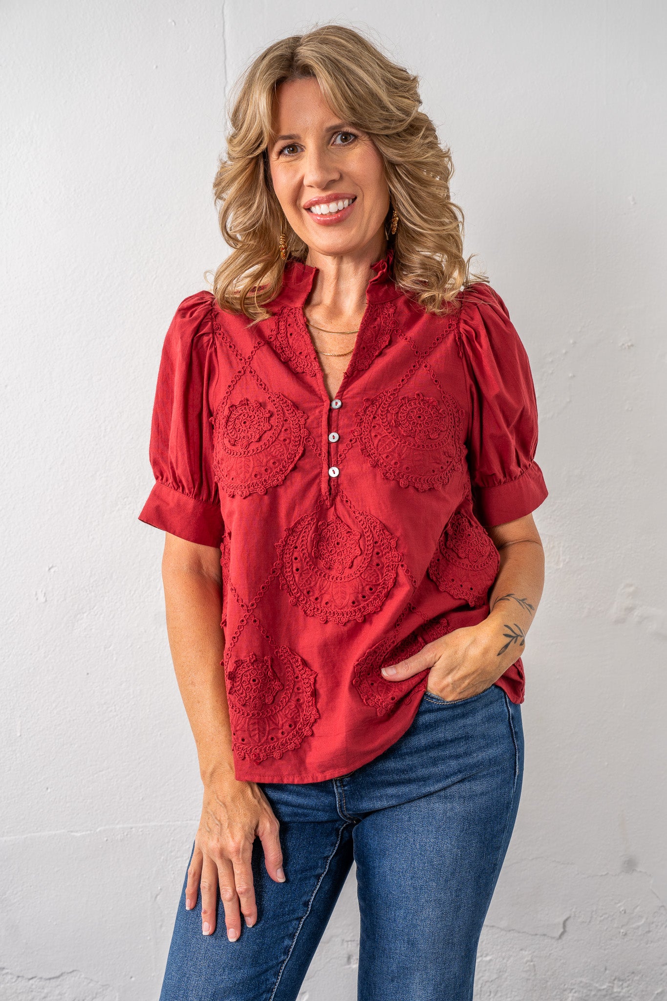 Liza Burgundy Crochet Patch Top