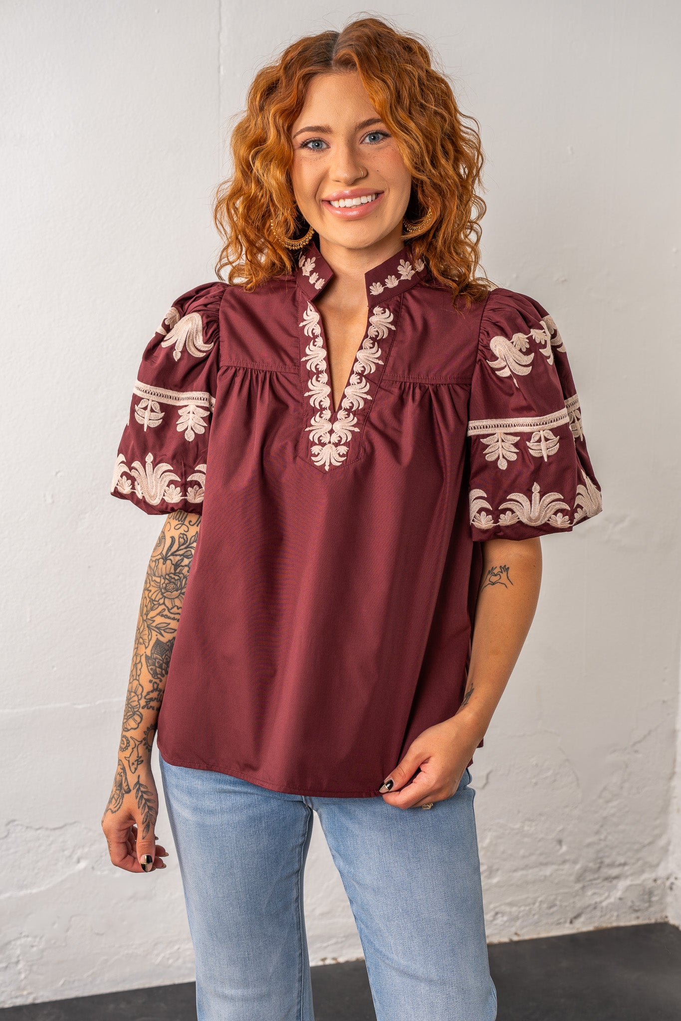 Lucy Wine Embroidered Top